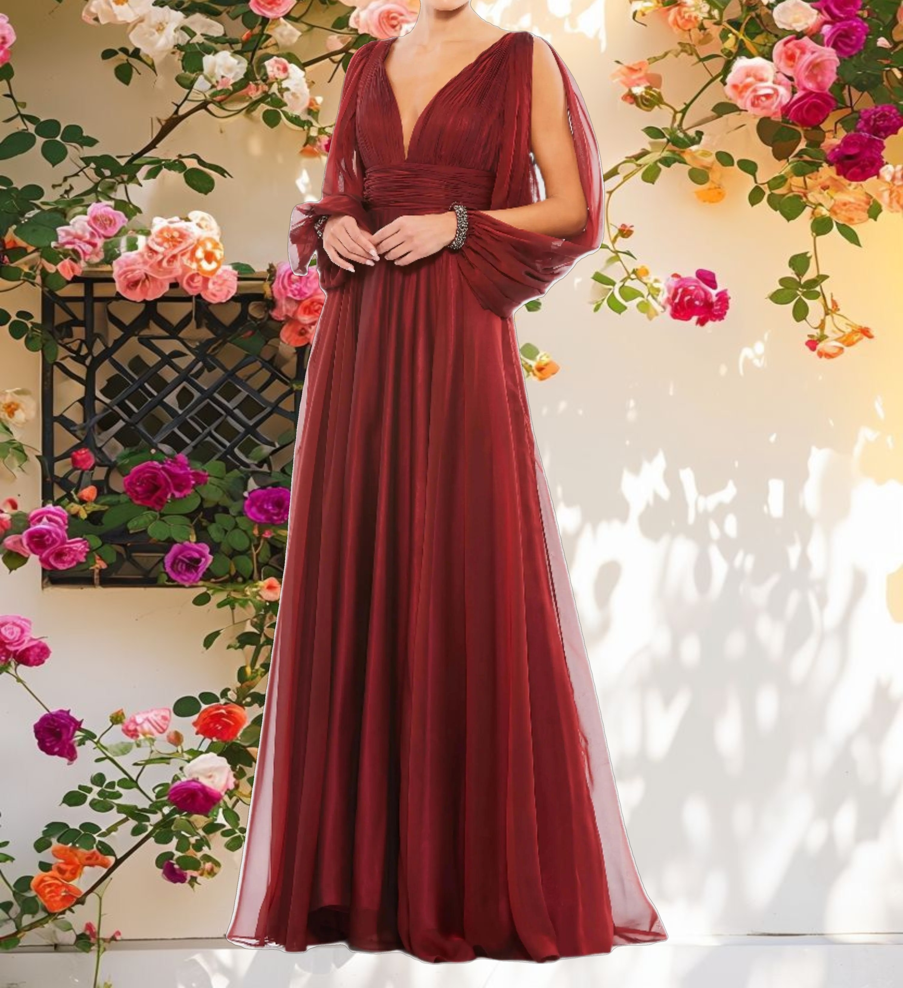Chiffon Open Sleeve A Line Gown
