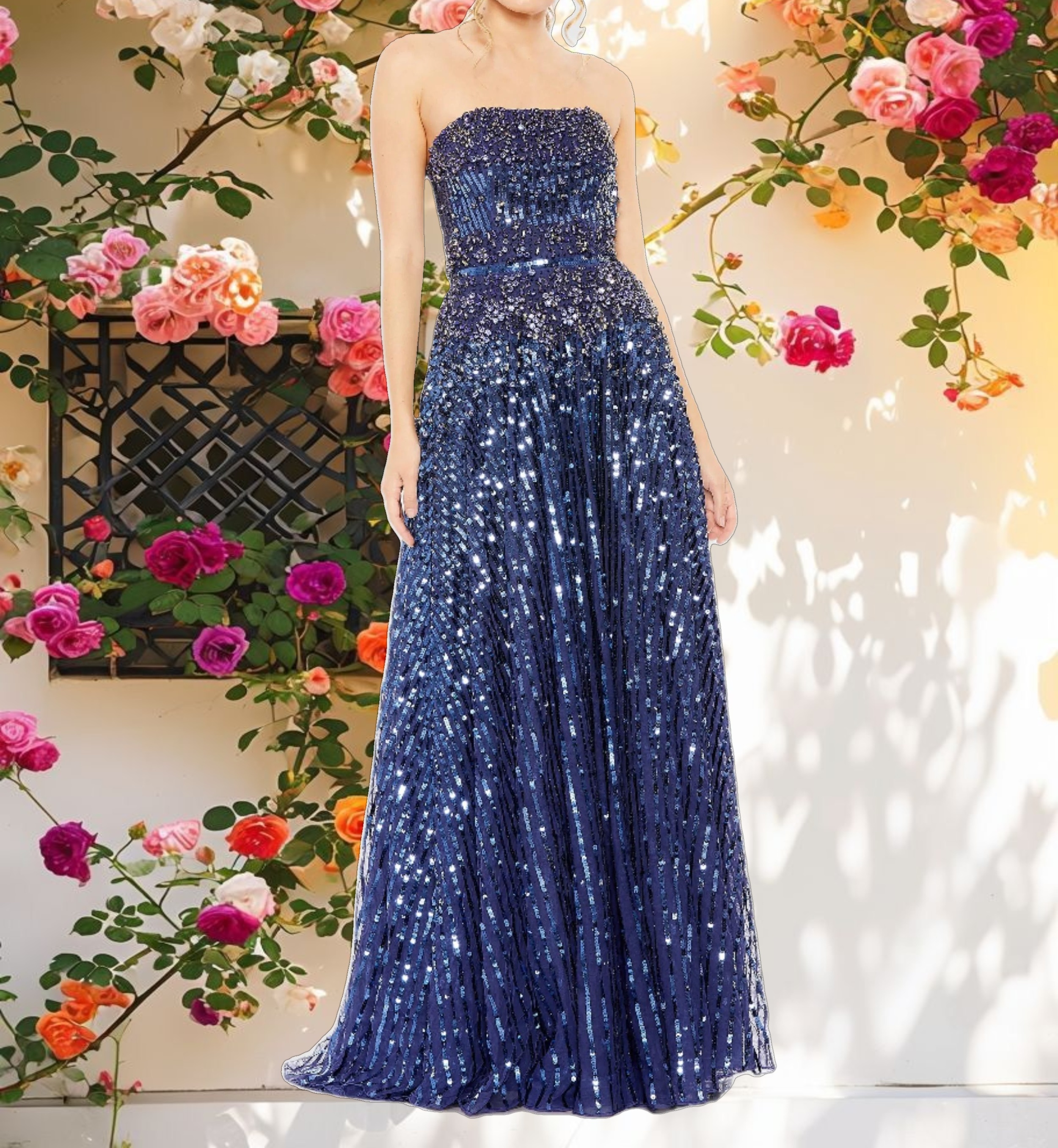Navy Flowing Strapless Beaded A Line Gown