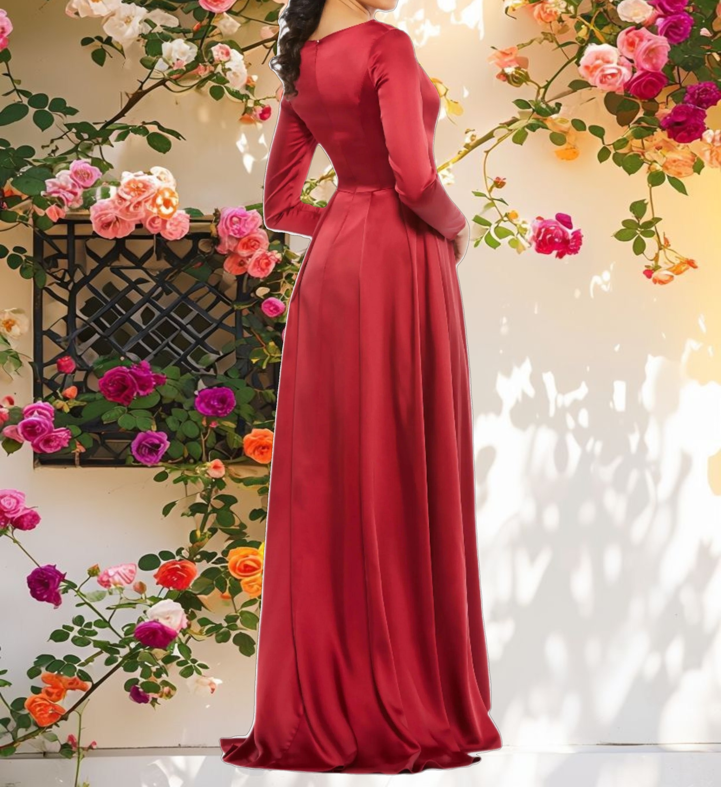 Red Satin V Neck Long Sleeve Pleated Gown