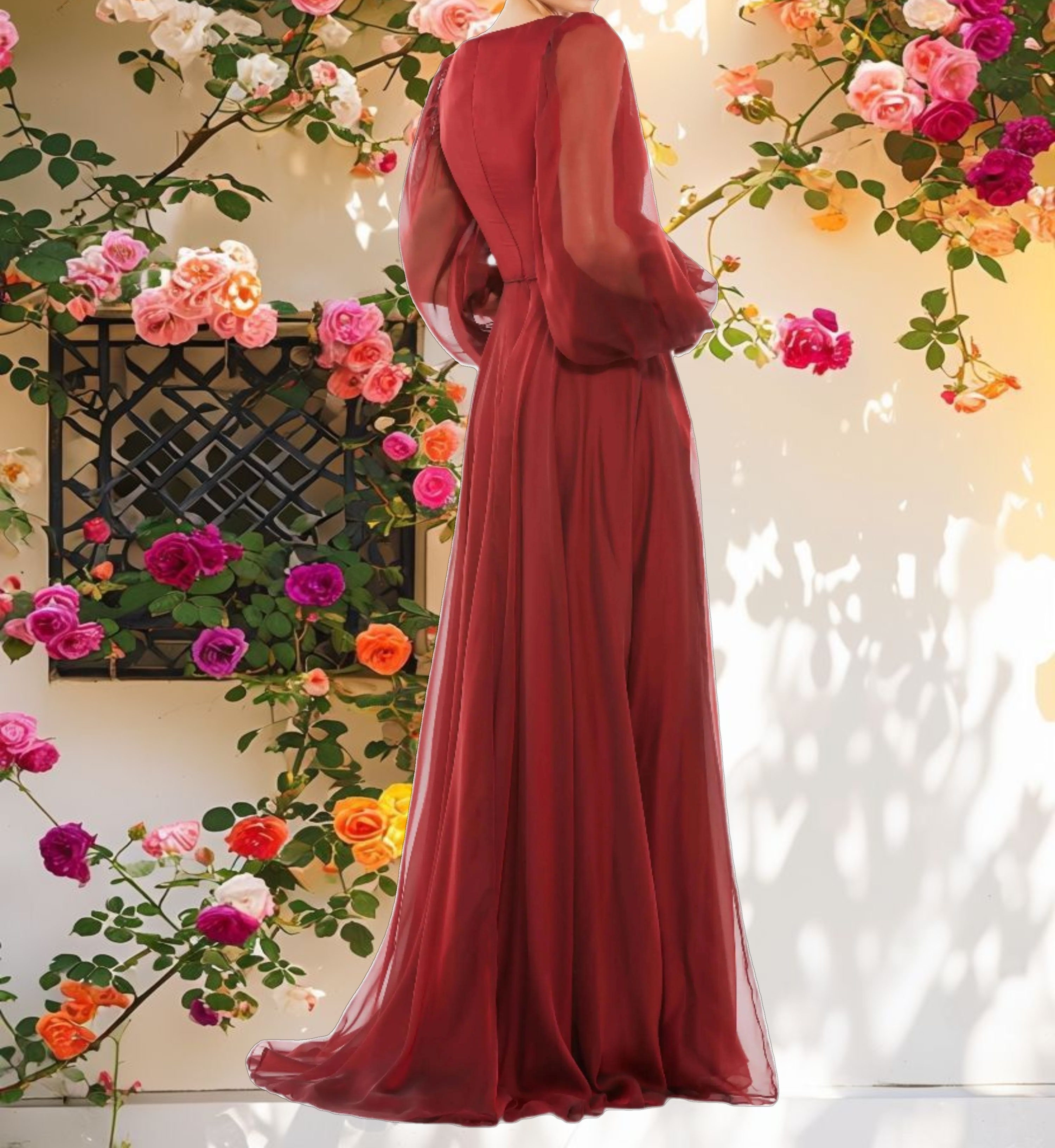 Flowing Gown with Sheer Blouson Sleeves