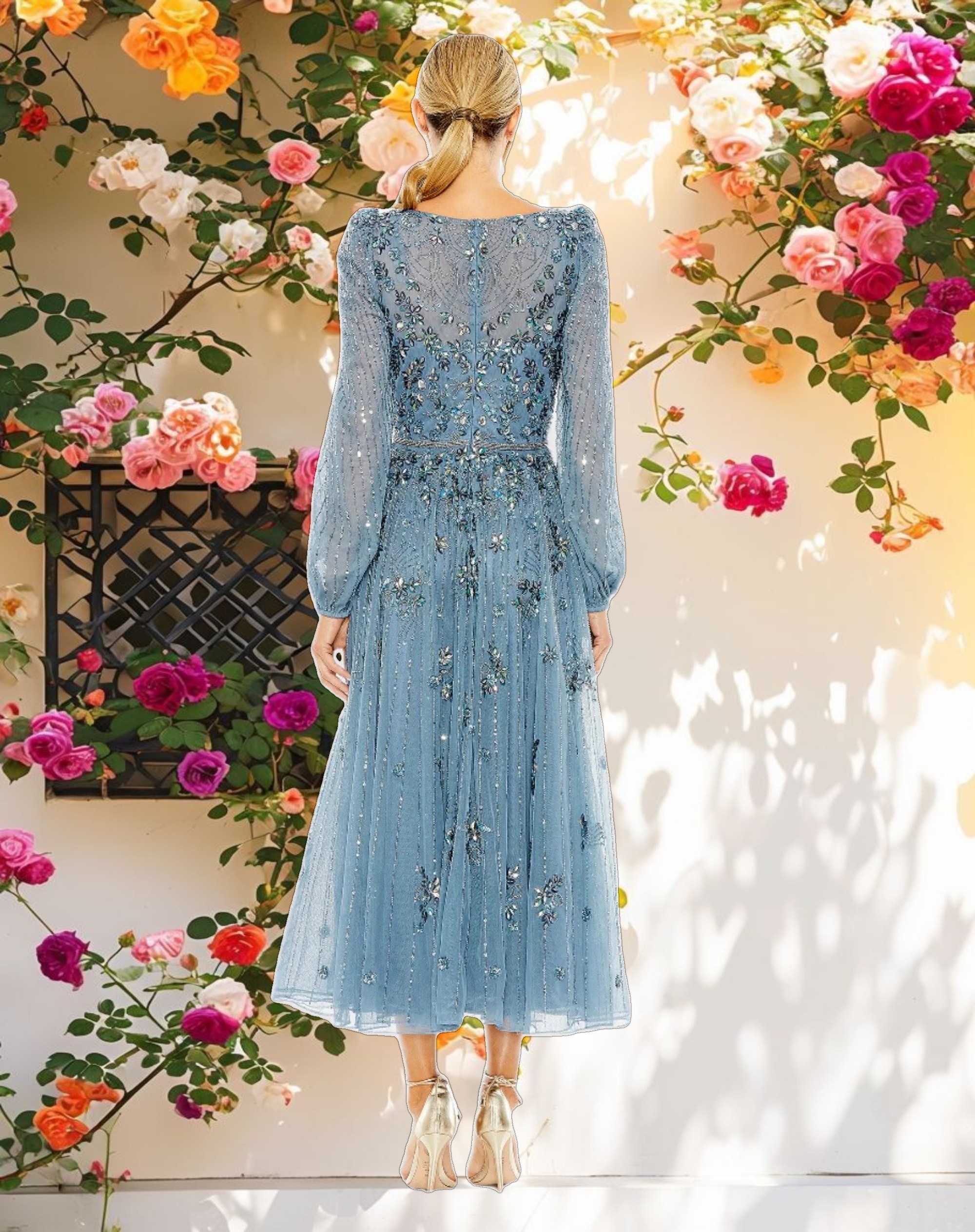 Blue Floral Embellished High Neck Puff Long Sleeve A Line Midi Dress