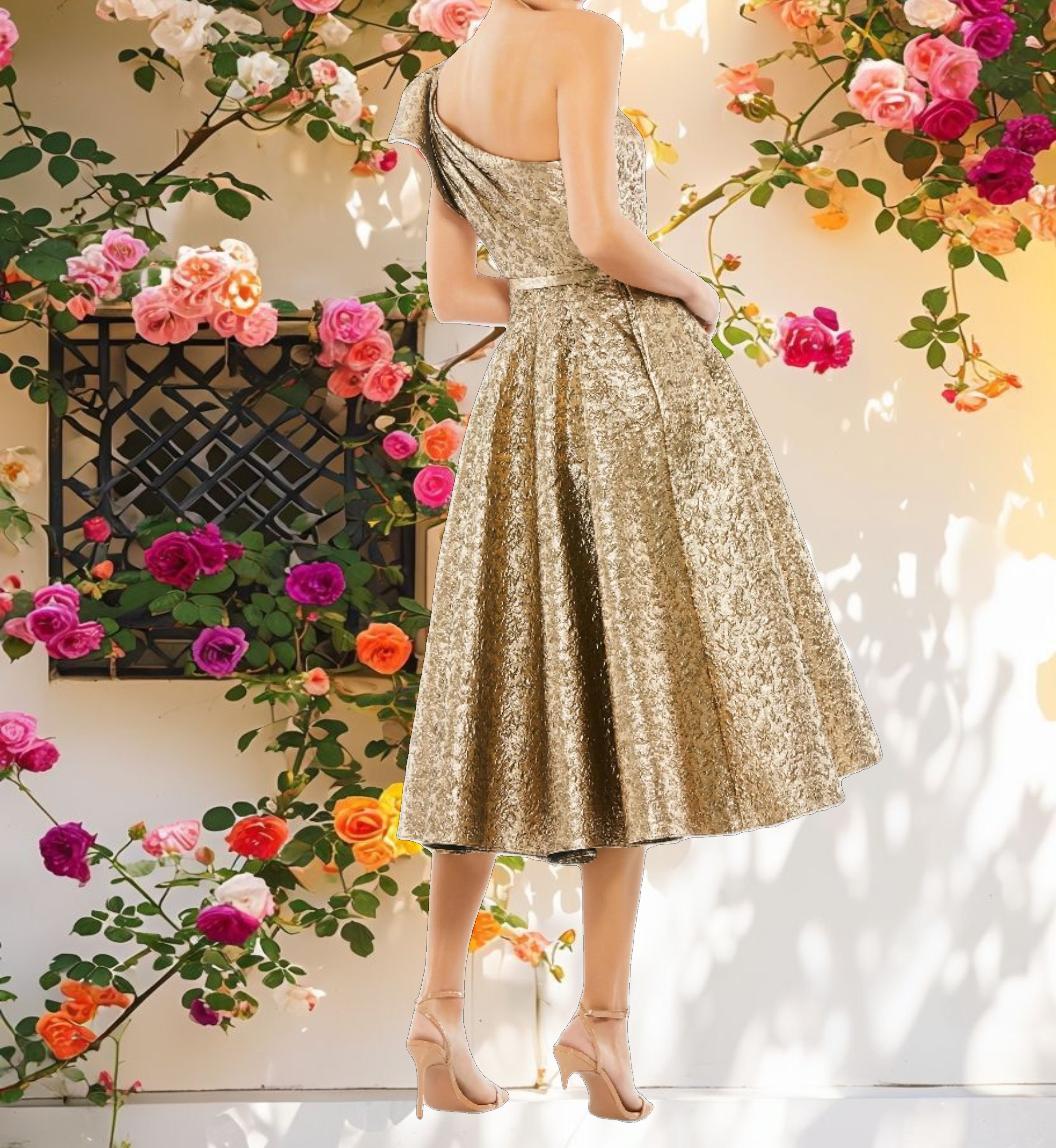 Gold One Shoulder Bow Midi Dress