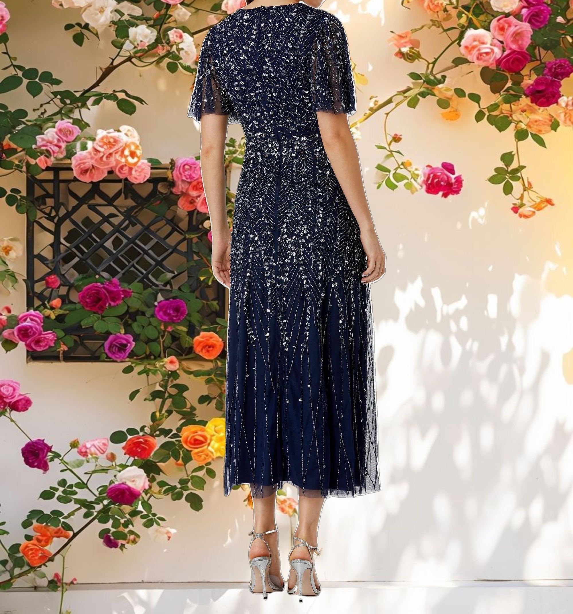 Navy Beaded Wrap Over Butterfly Sleeve Column Dress