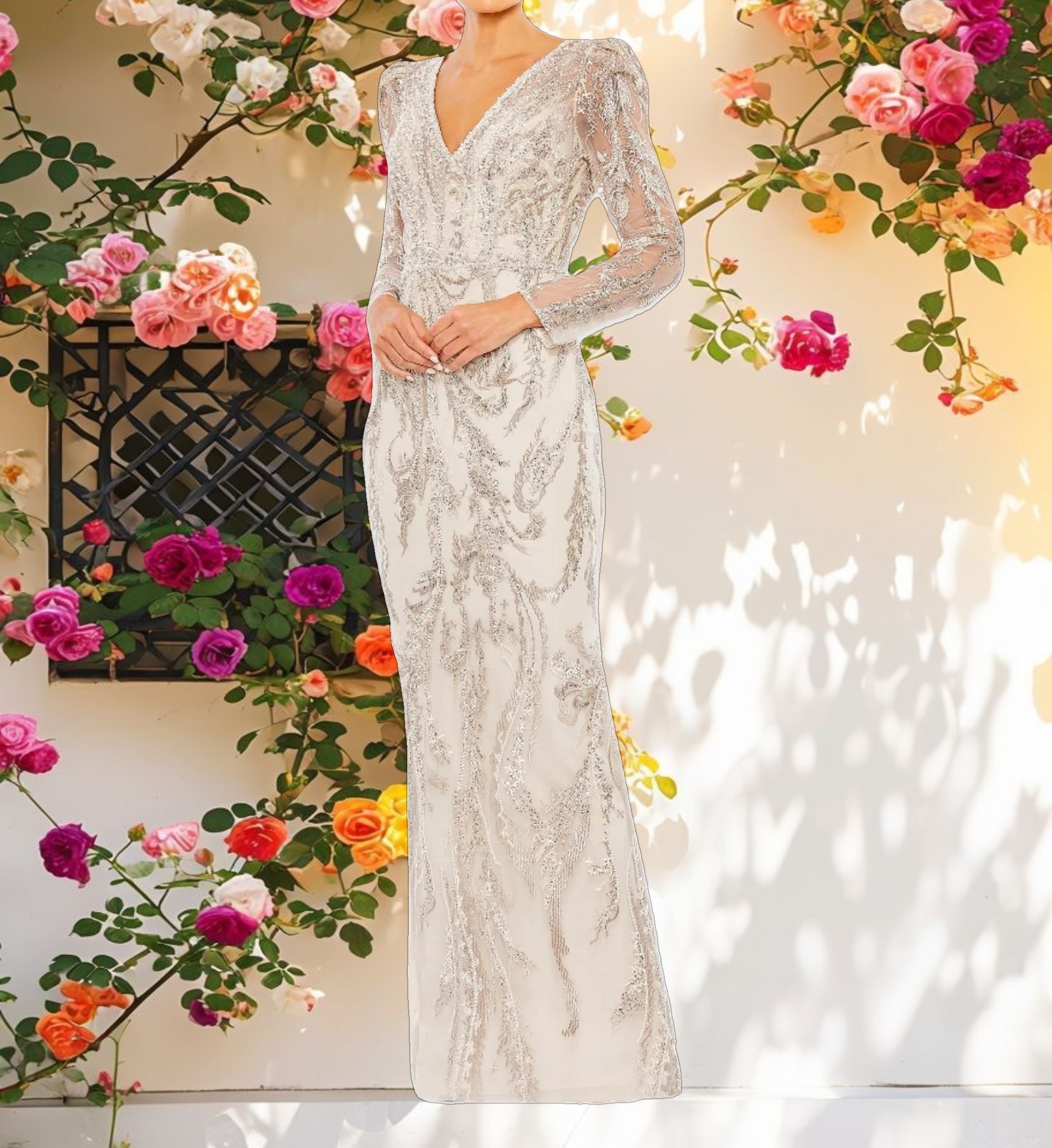 Embellished Puff Sleeve V Neck Gown