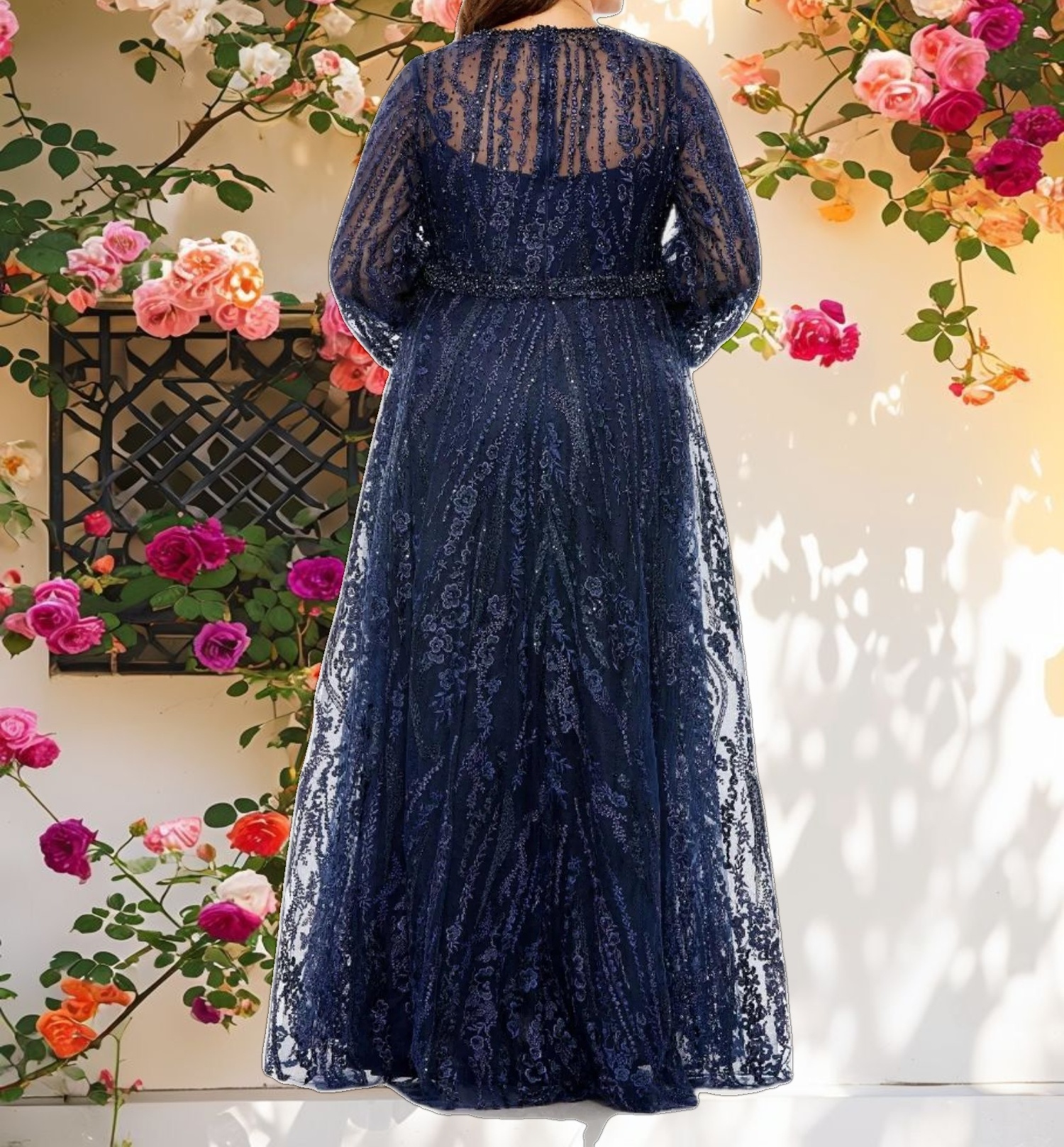 V Neck Puff Sleeve Embroidered A Line Gown