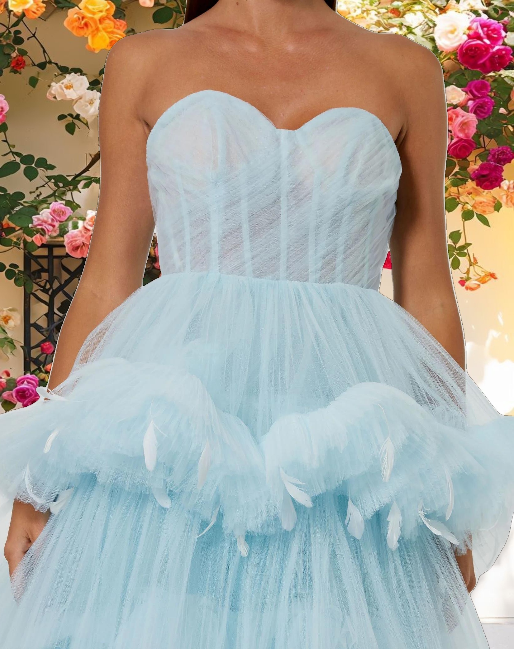 Blue Tulle Gown with Feather Detail