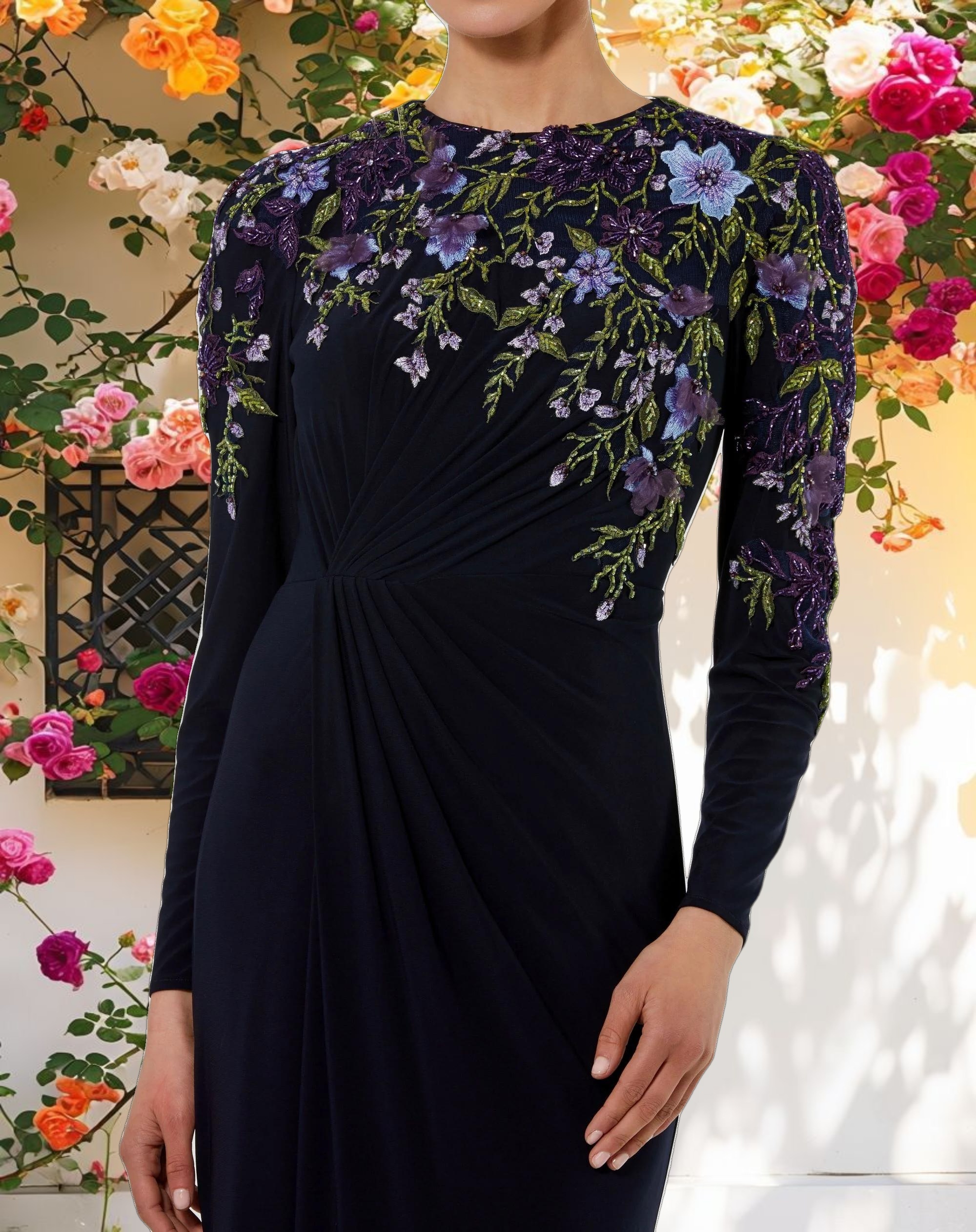 Navy Embellished Long Sleeve Fitted Jersey Gown