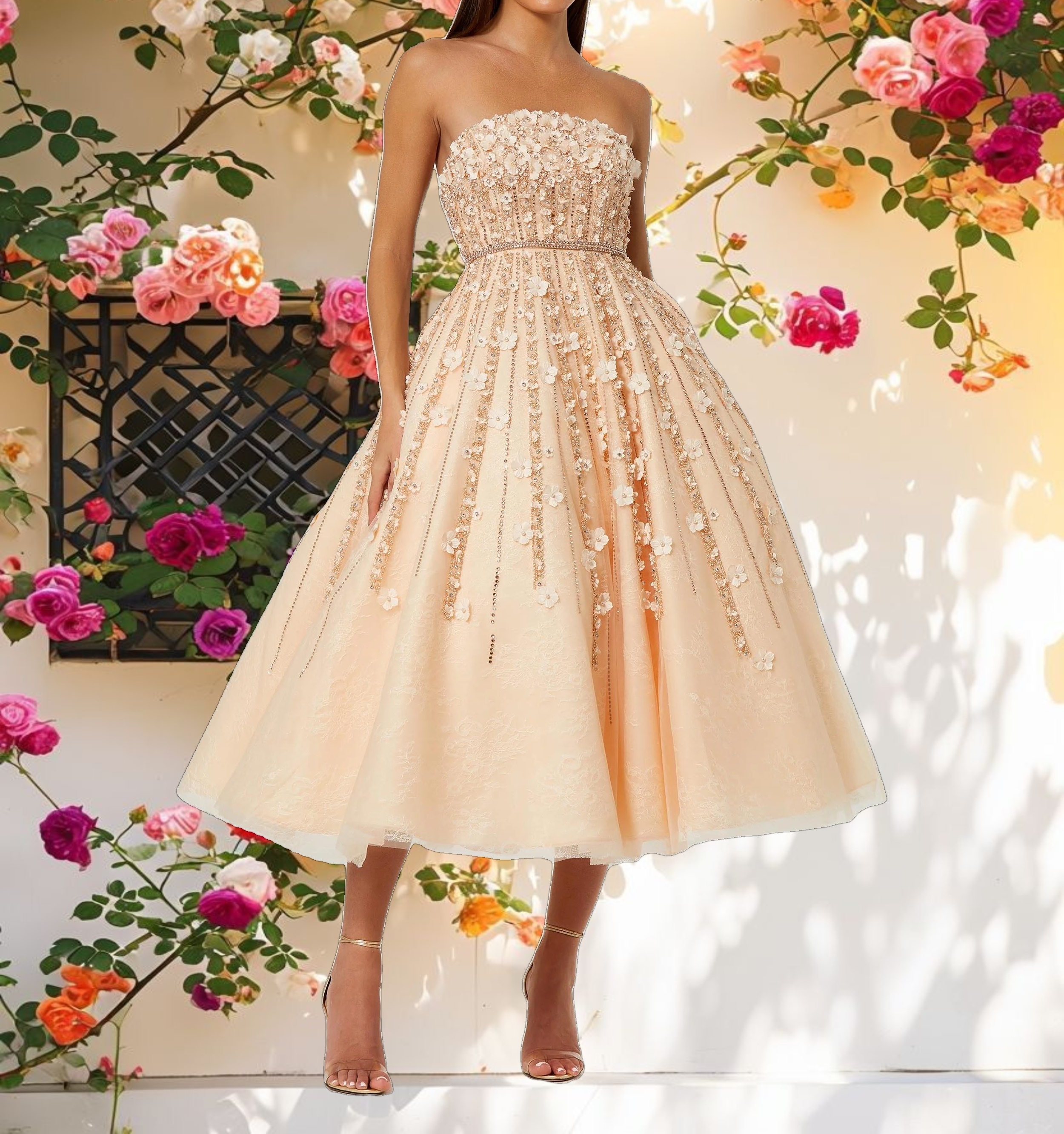 Pink Decorated Lace Strapless A Line Midi Dress