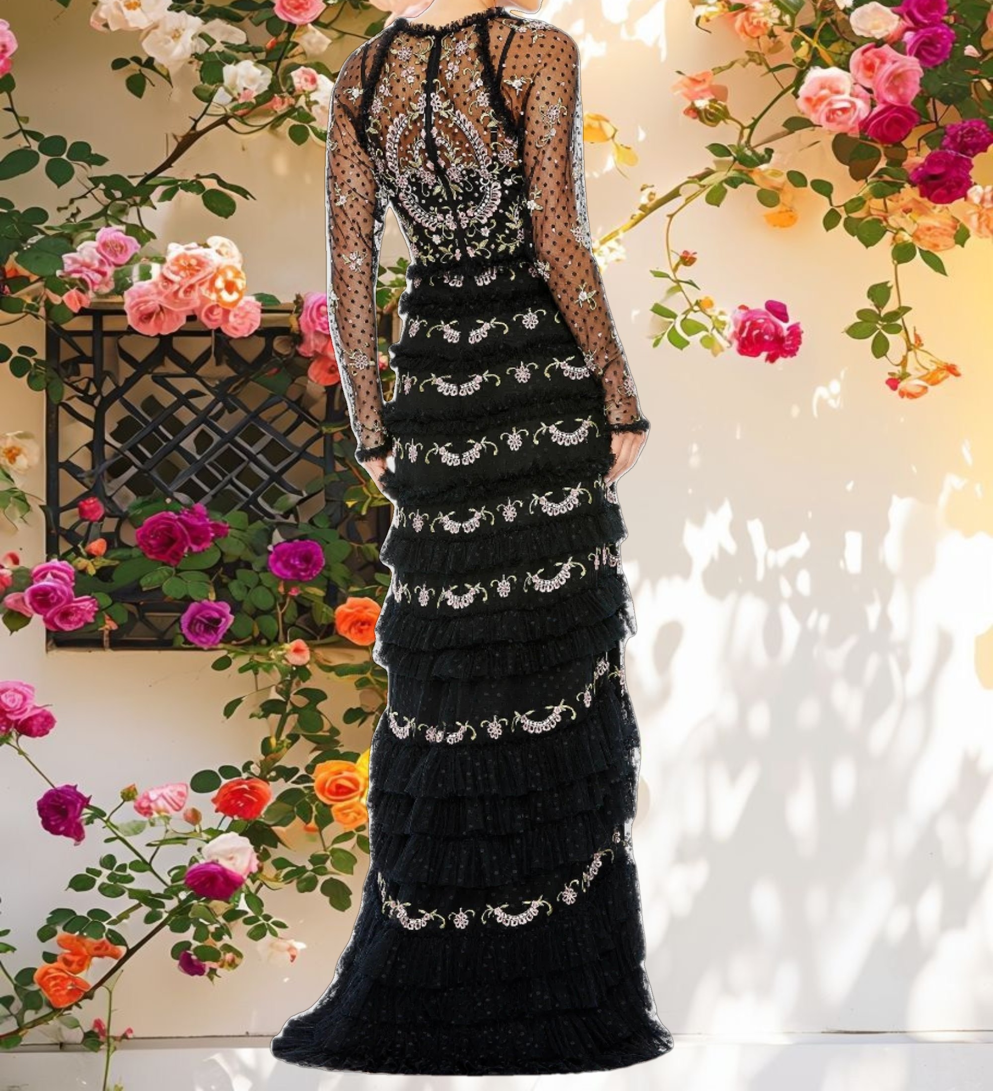 Polka Dot Long Sleeve Floral Ruffle Gown