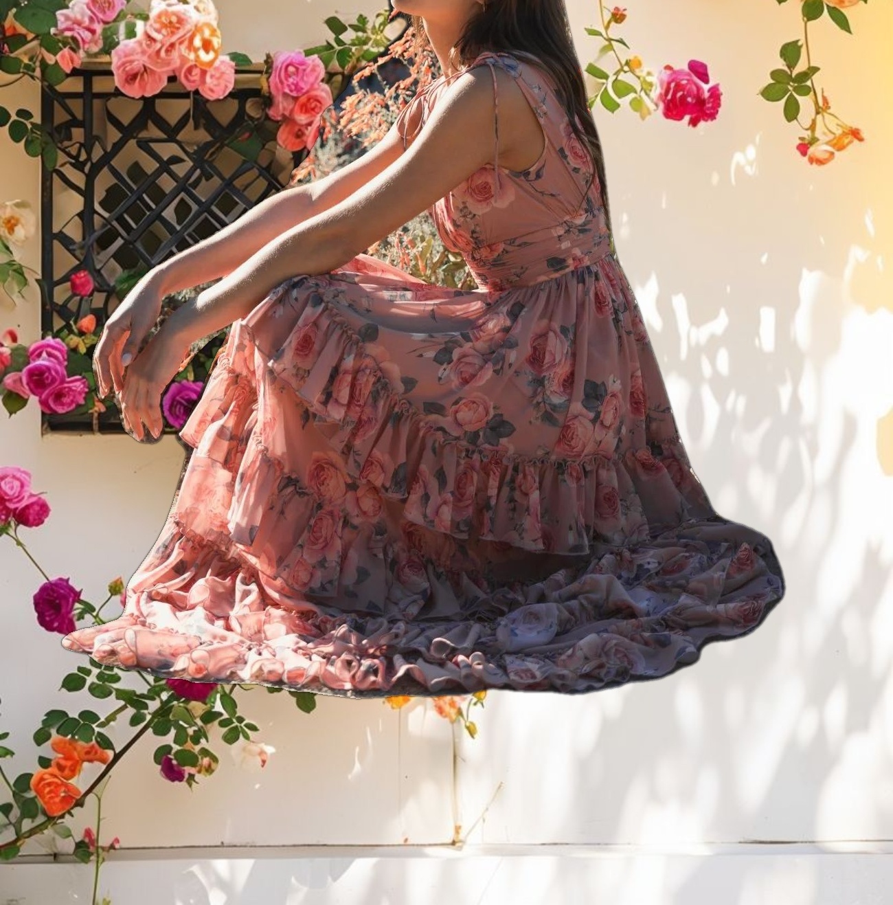 Pink Drawstring Shoulder Chiffon Tiered Floral Dress