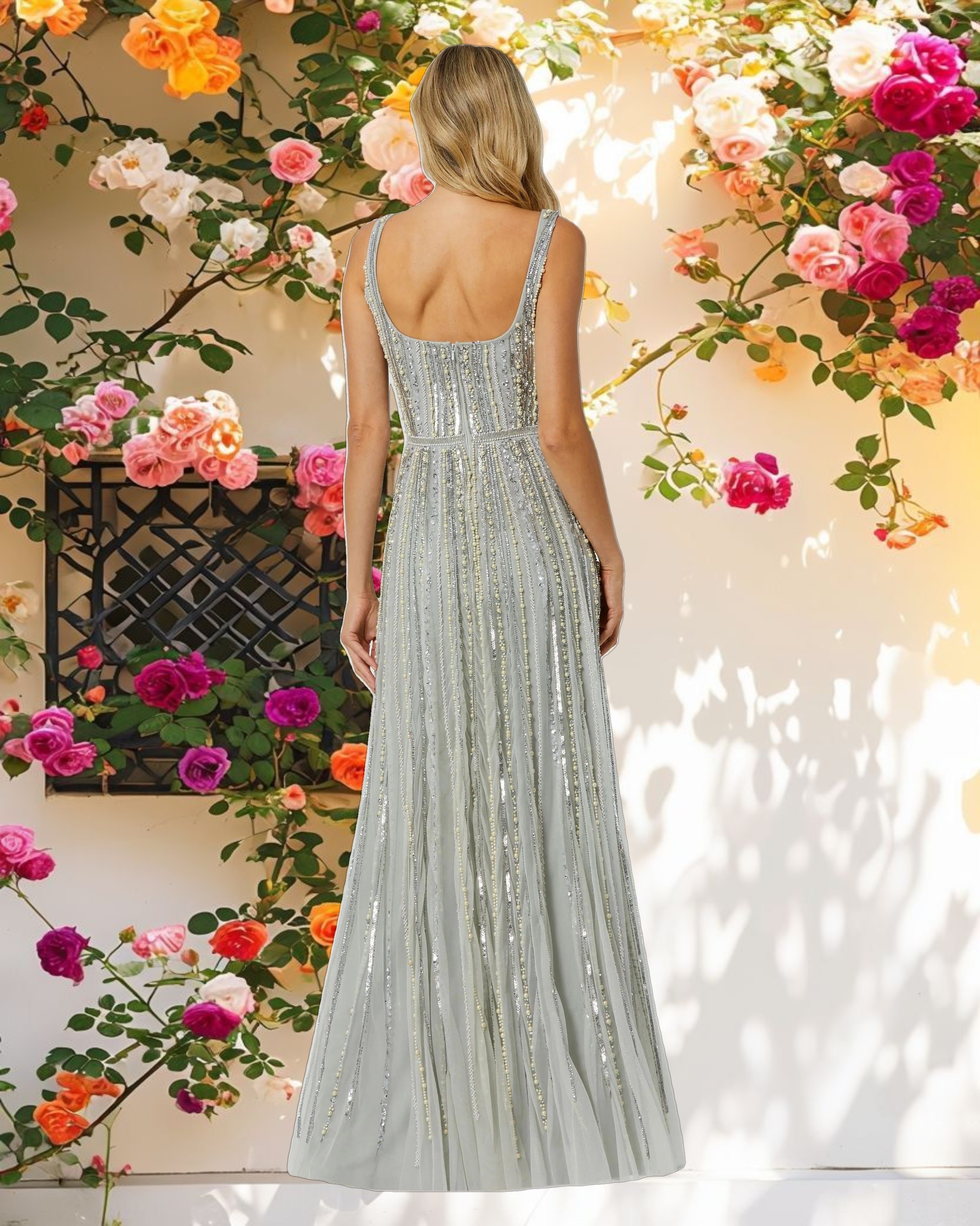 Green Striped Beaded Gown