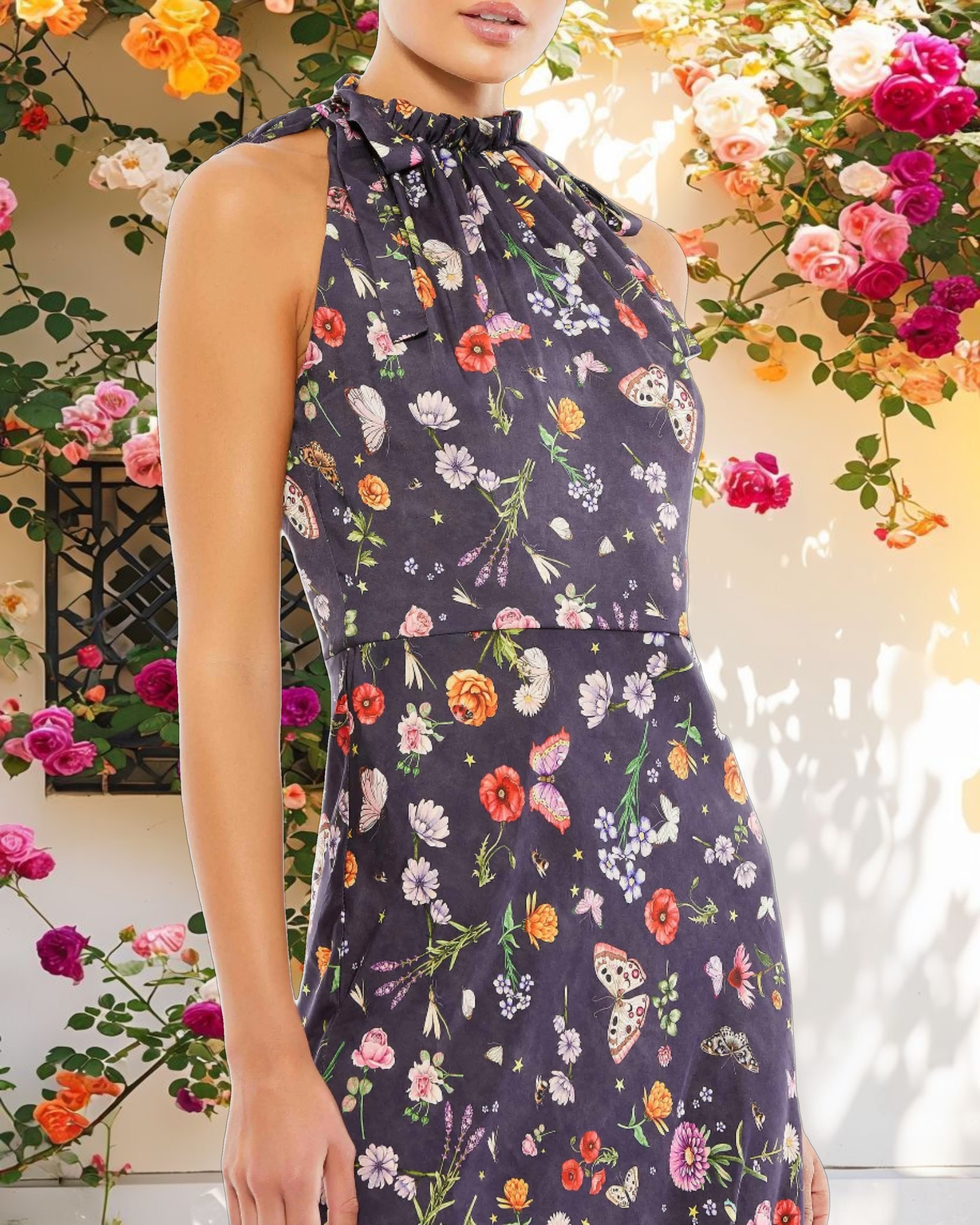 Pink Floral Print Tie Neck Midi Dress