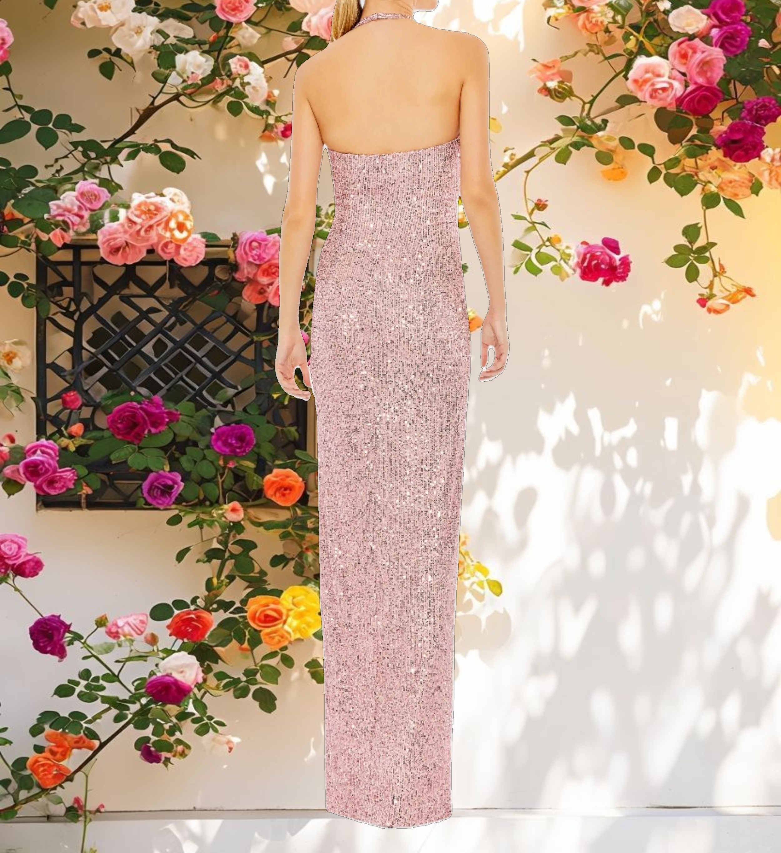 Pink Sequined Halter Strap Low Side Knot Gown