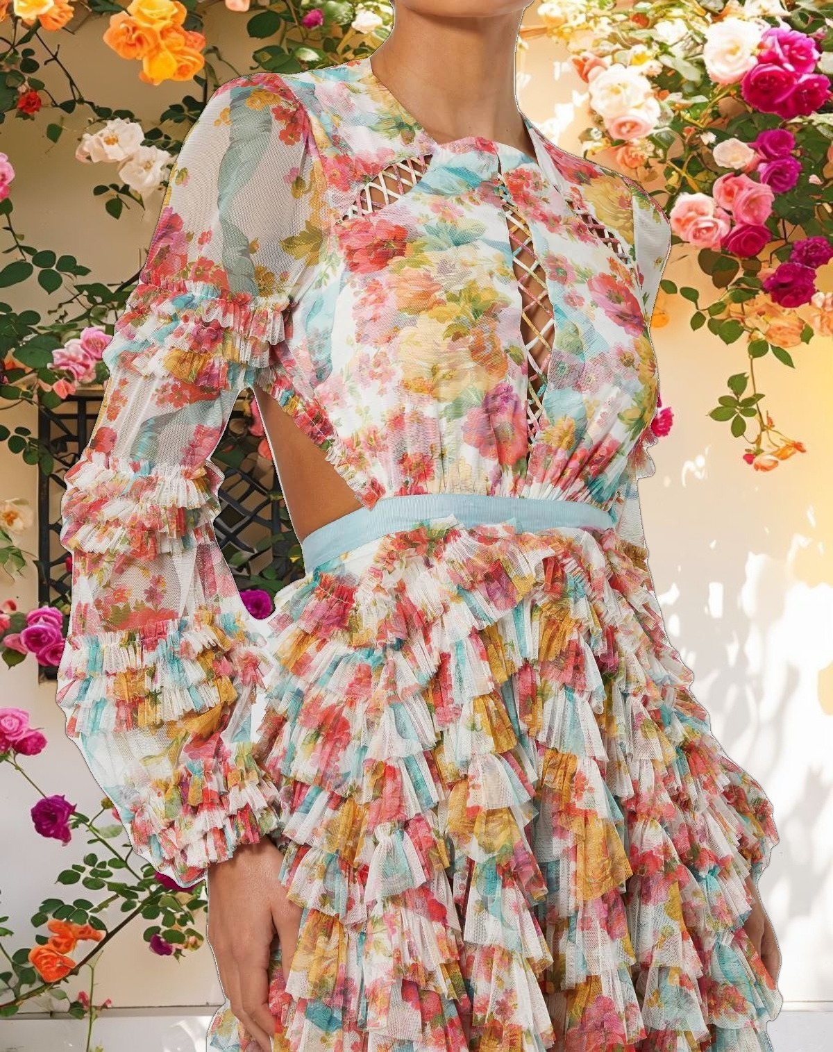 Multicolor Long Sleeve Ruffle Criss Cross Midi Dress