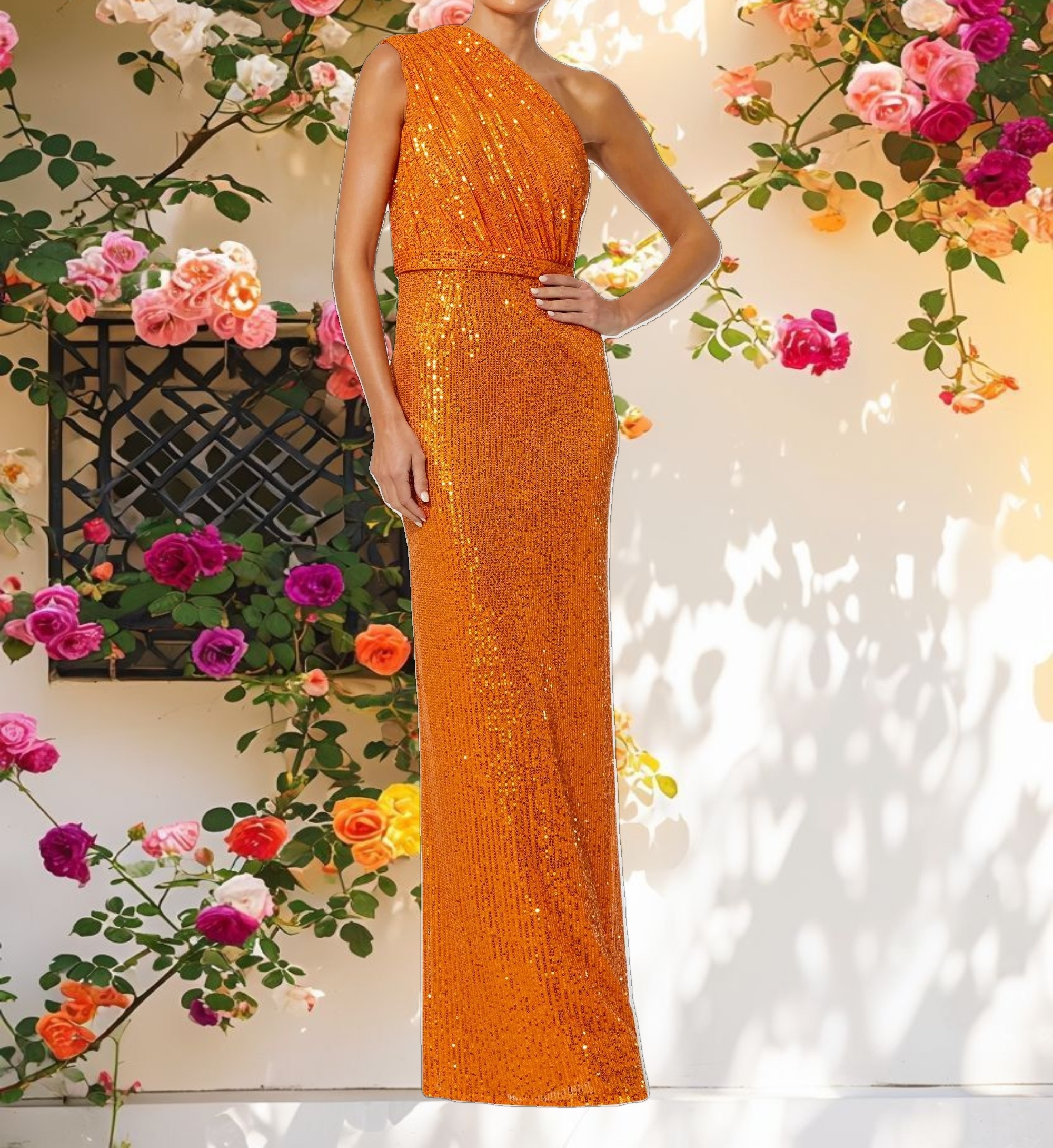 Orange Sequined Ruched One Shoulder Gown