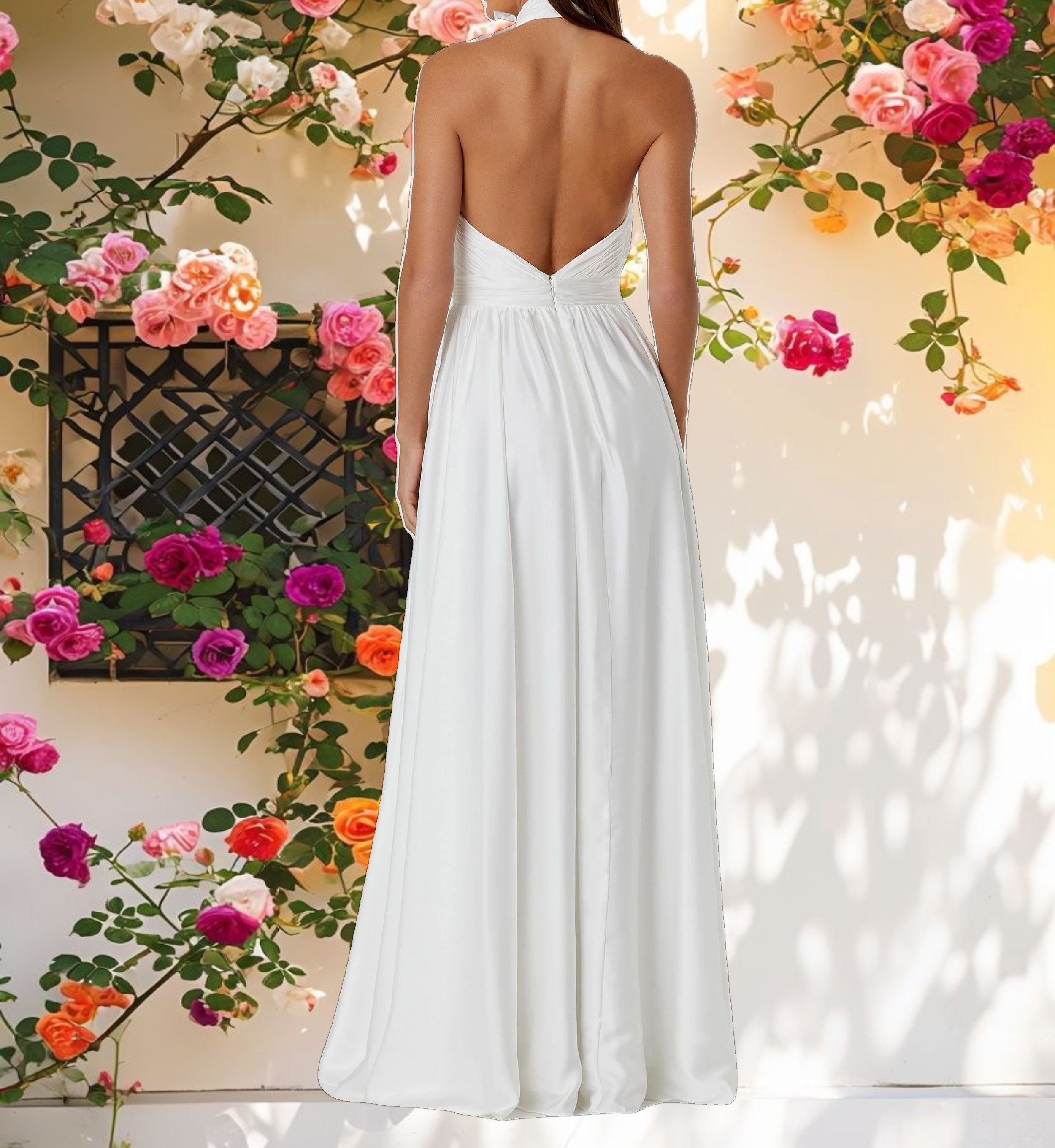 White Soft Tie Halter Neck High Slit Gown