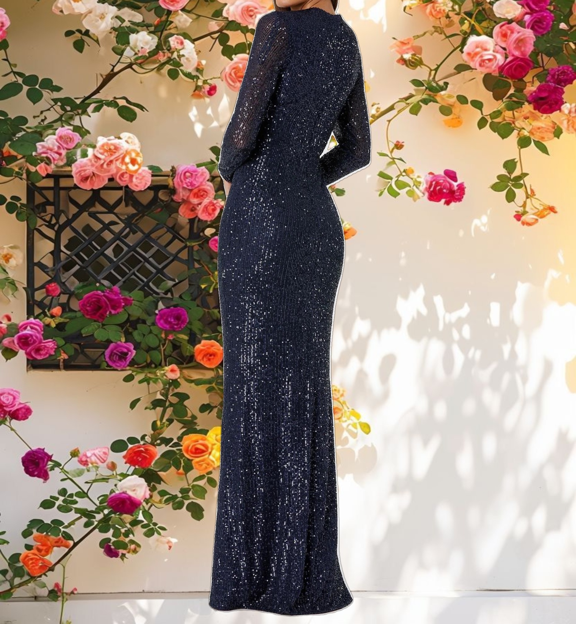 Navy Sequined Long Sleeve Side Knot Gown