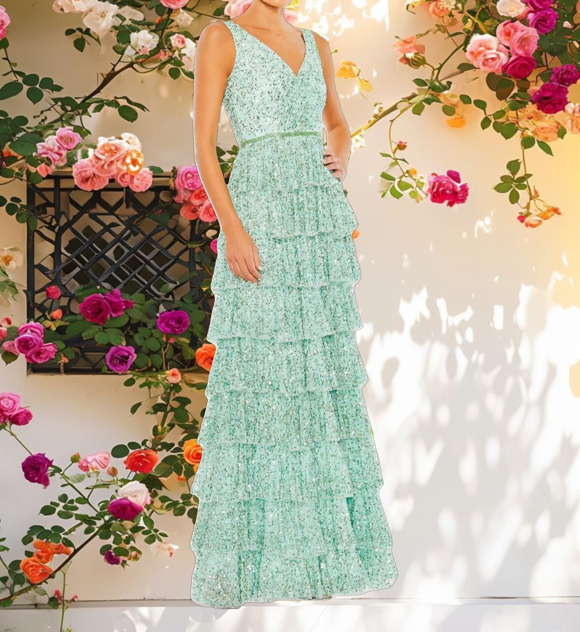 Ruffled Tiered Sequin Gown