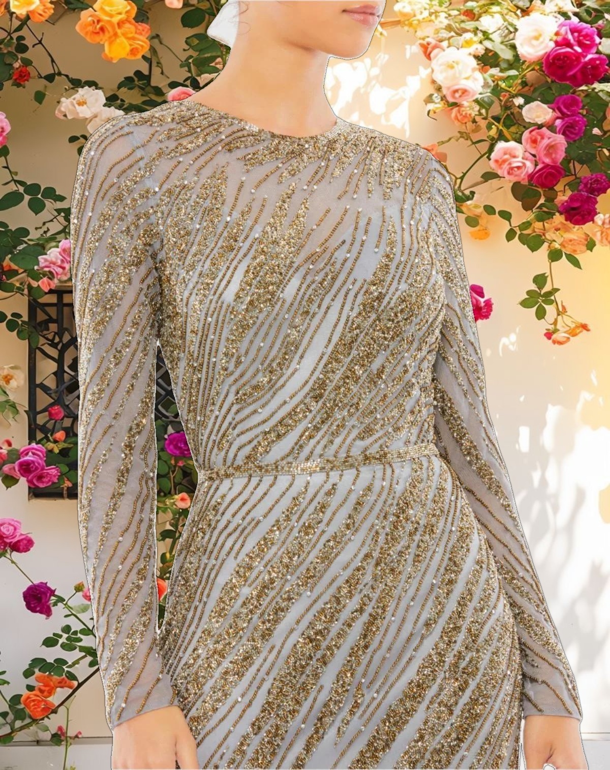 Gold and Blue Long Sleeve Beaded Column Gown