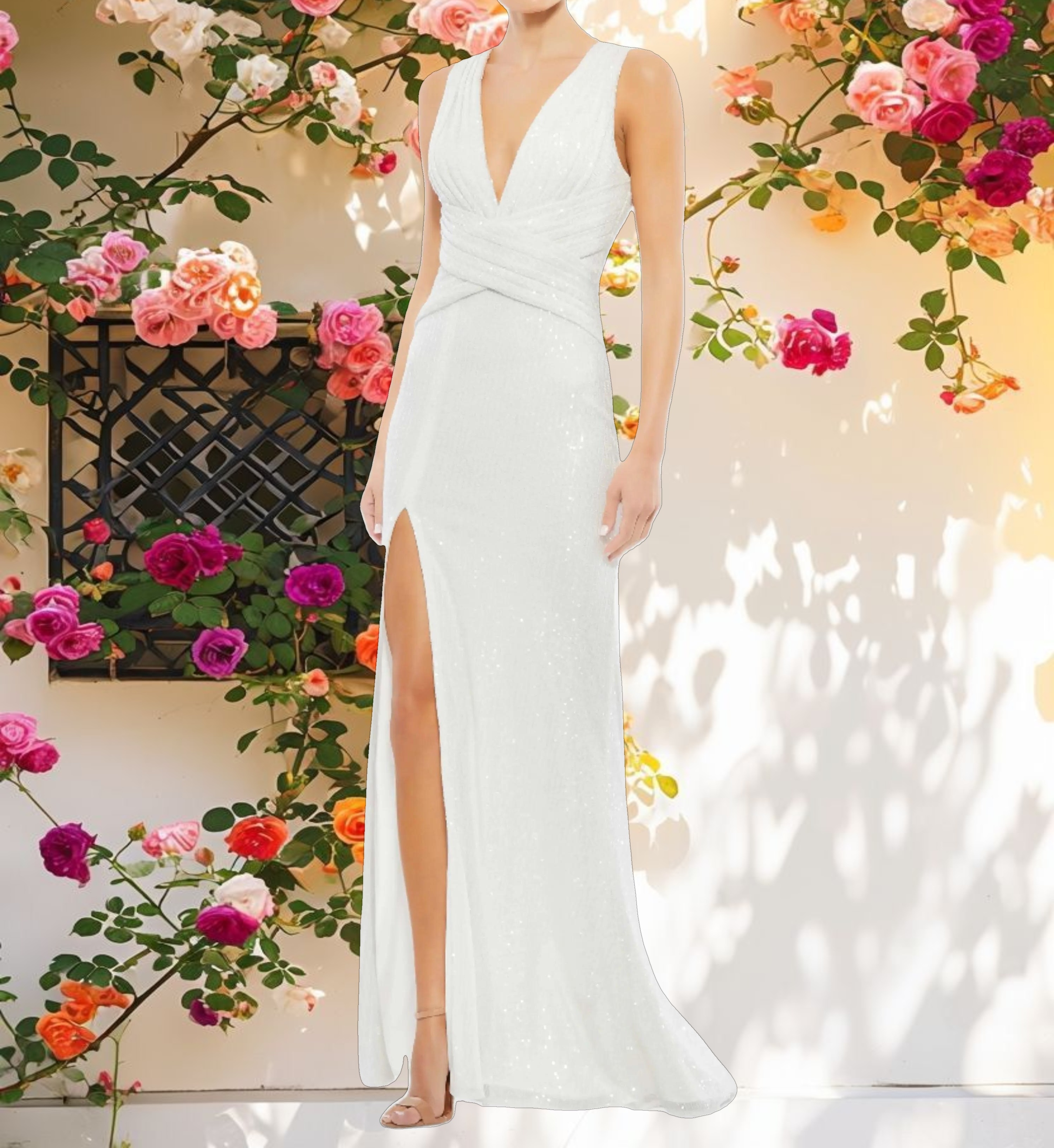 White V Neck Sequin Wrap Waist Gown