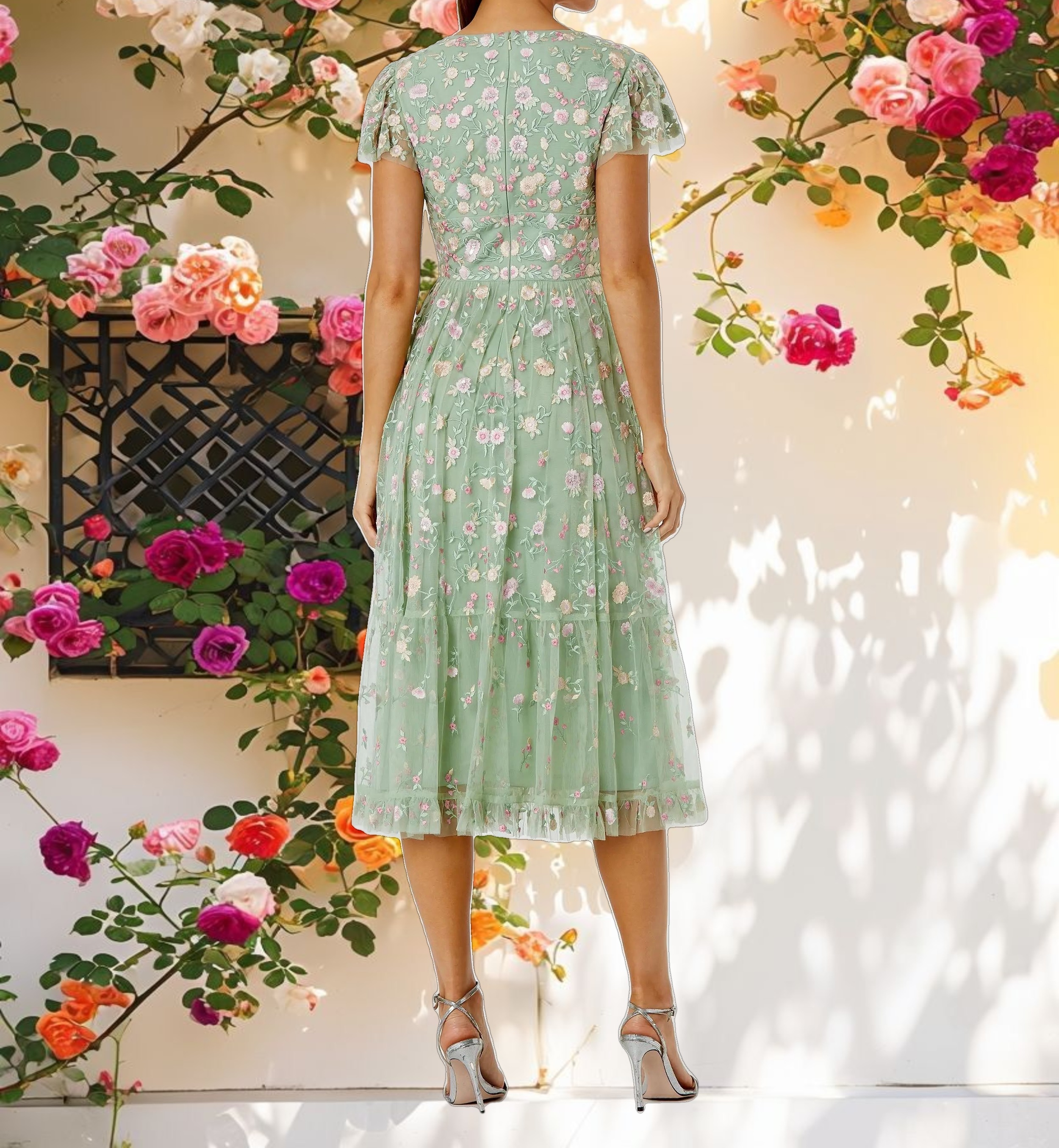 Multicolor Embroidered V Neck Cap Sleeve Midi Dress