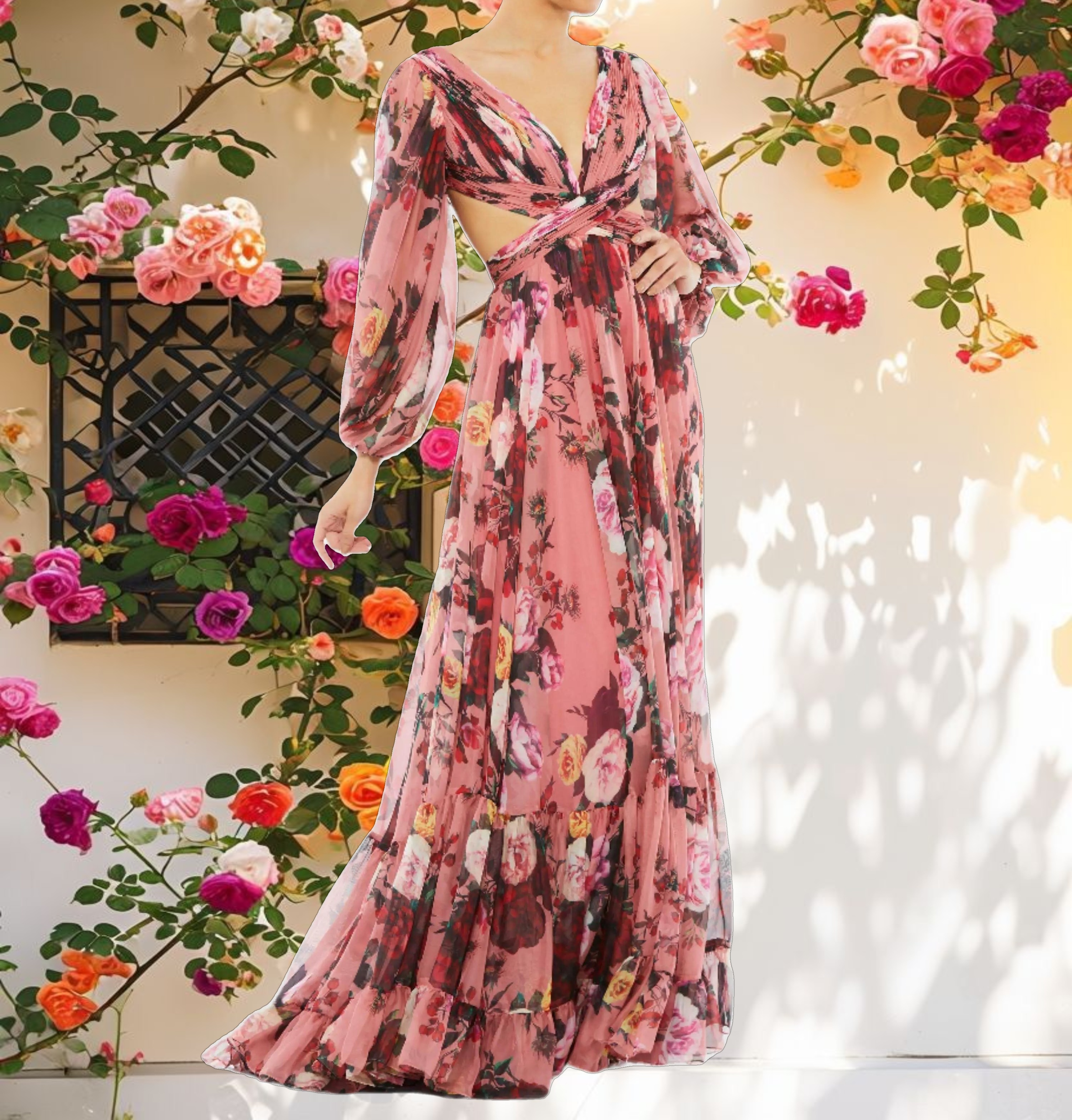 Pink Floral Cutout Open Back Blouson Sleeve Dress