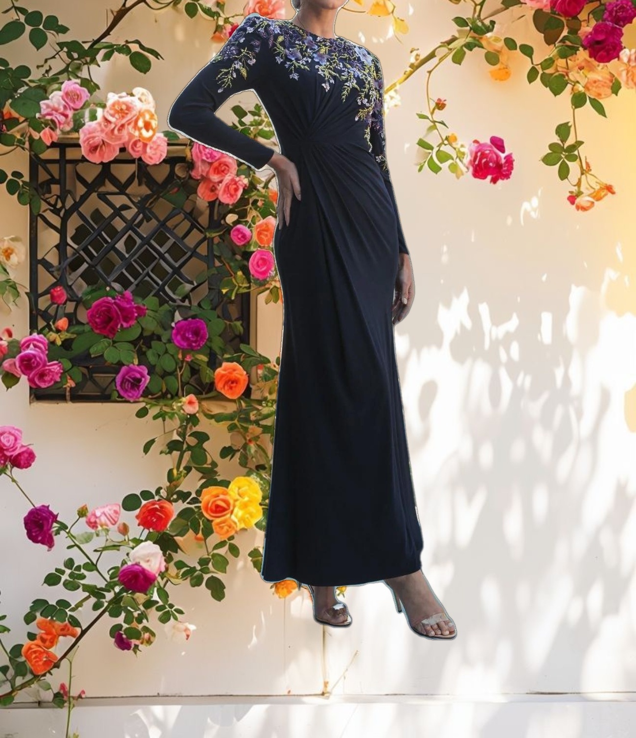 Navy Embellished Long Sleeve Fitted Jersey Gown
