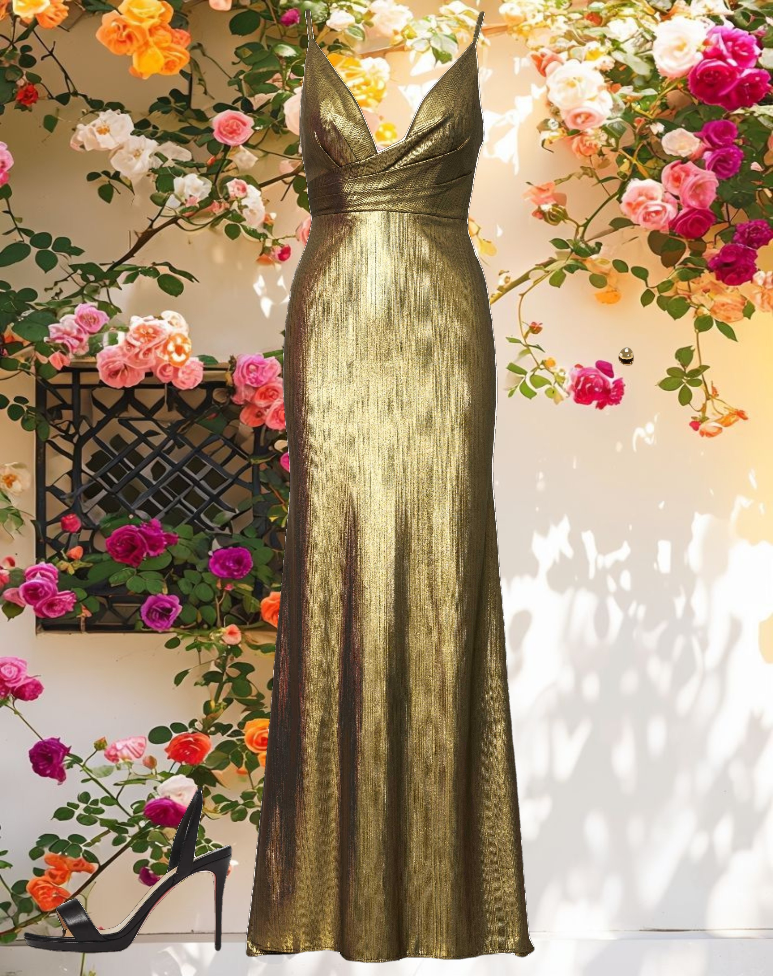Gold Metallic Faux Wrap Spaghetti Strap Gown