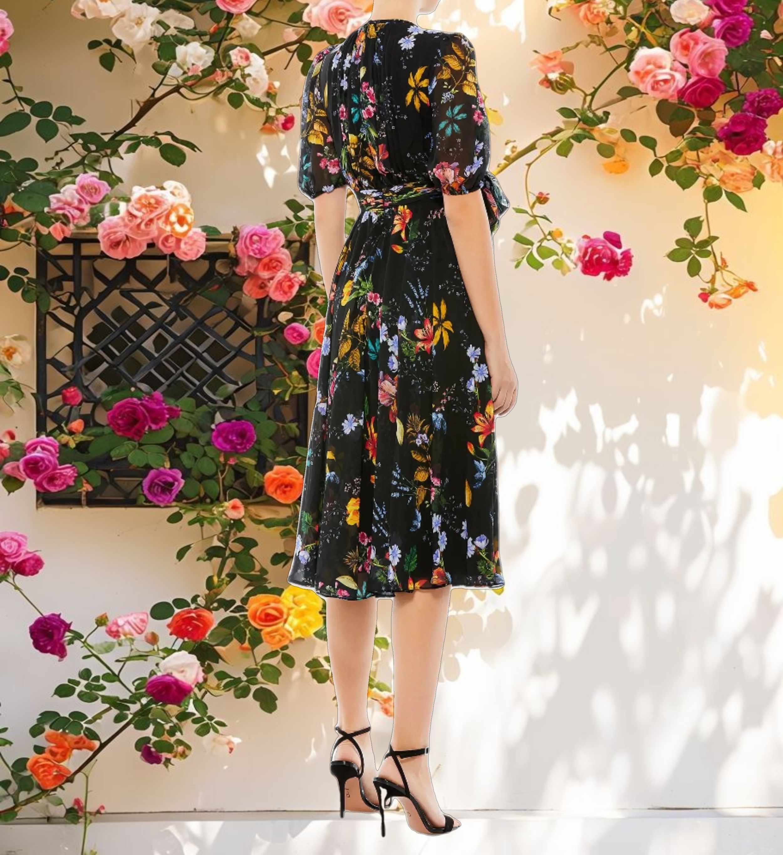 Floral Print High Neck Belted Midi Dress