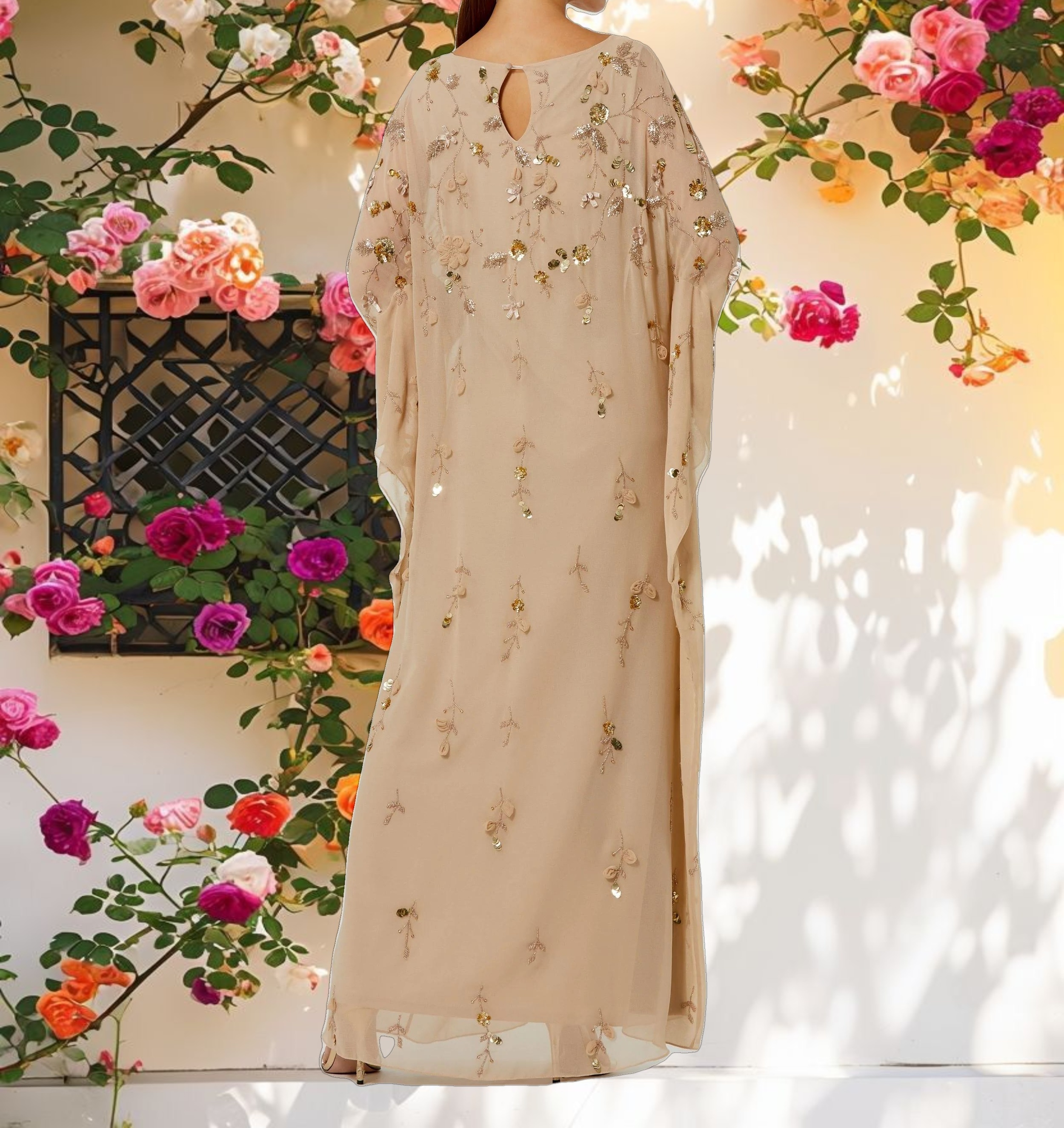 Beige Floral Embellished Trapeze Dress