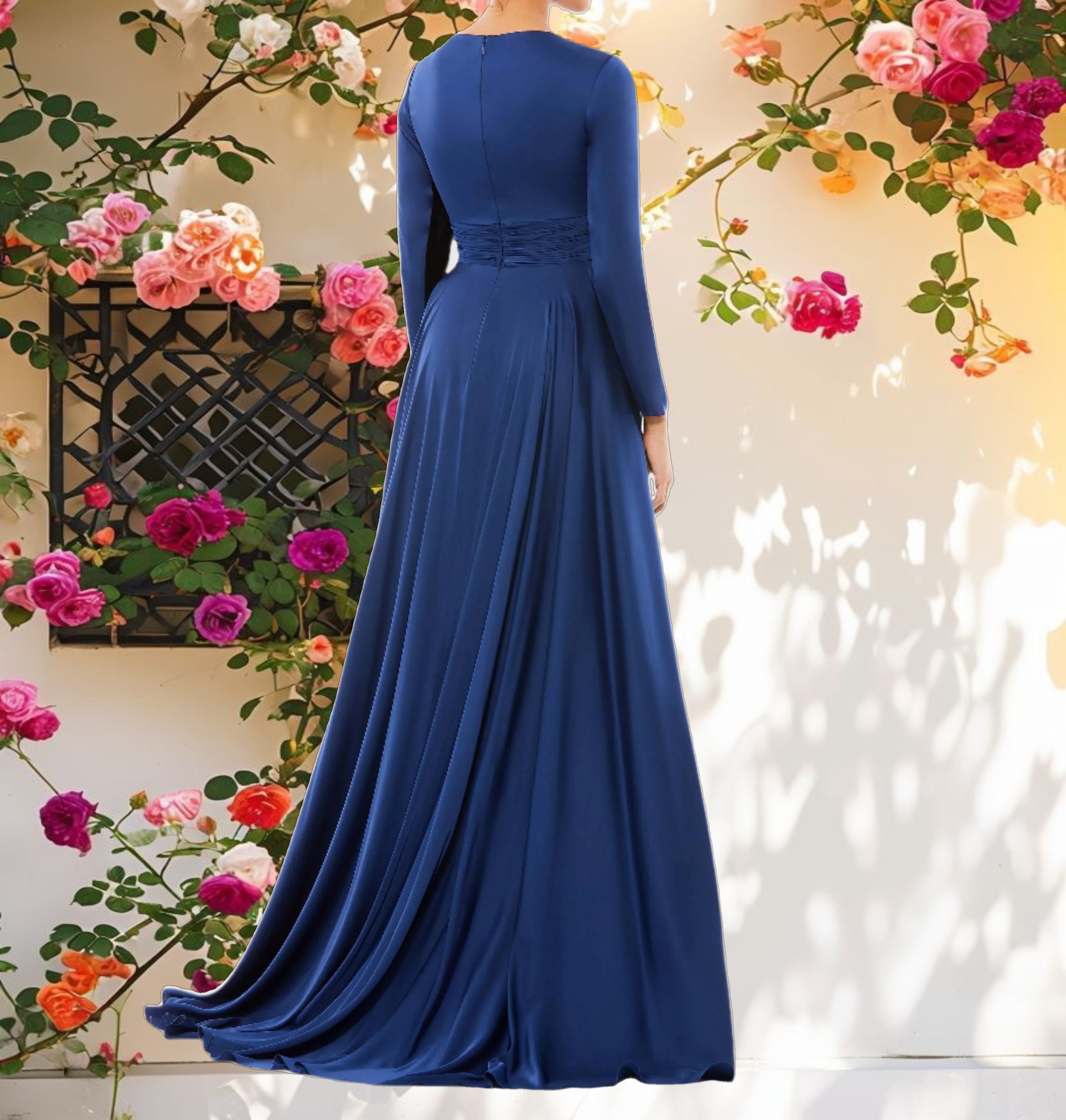 Navy Long Sleeve Ruched Waist A-Line Gown
