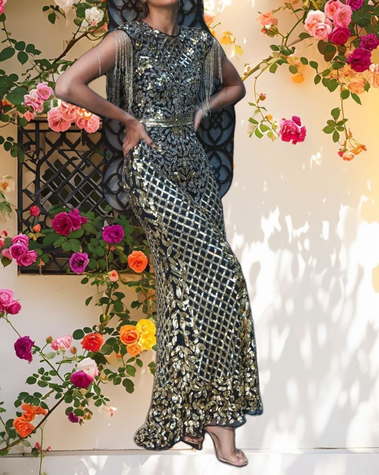 Black High Neck Sleeveless Beaded Fringe Fitted Gown