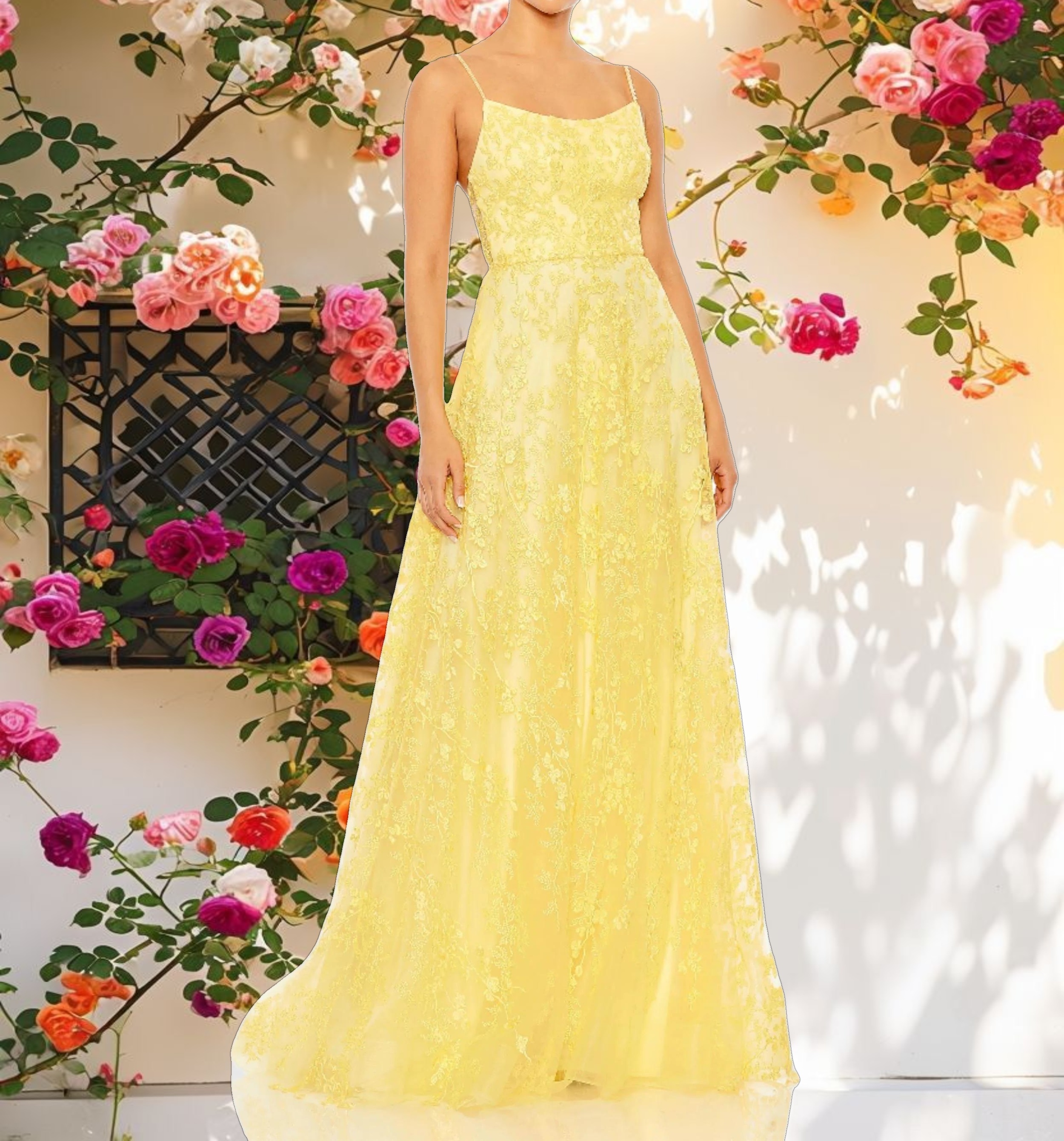 Yellow Floral Applique Cami A Line Gown