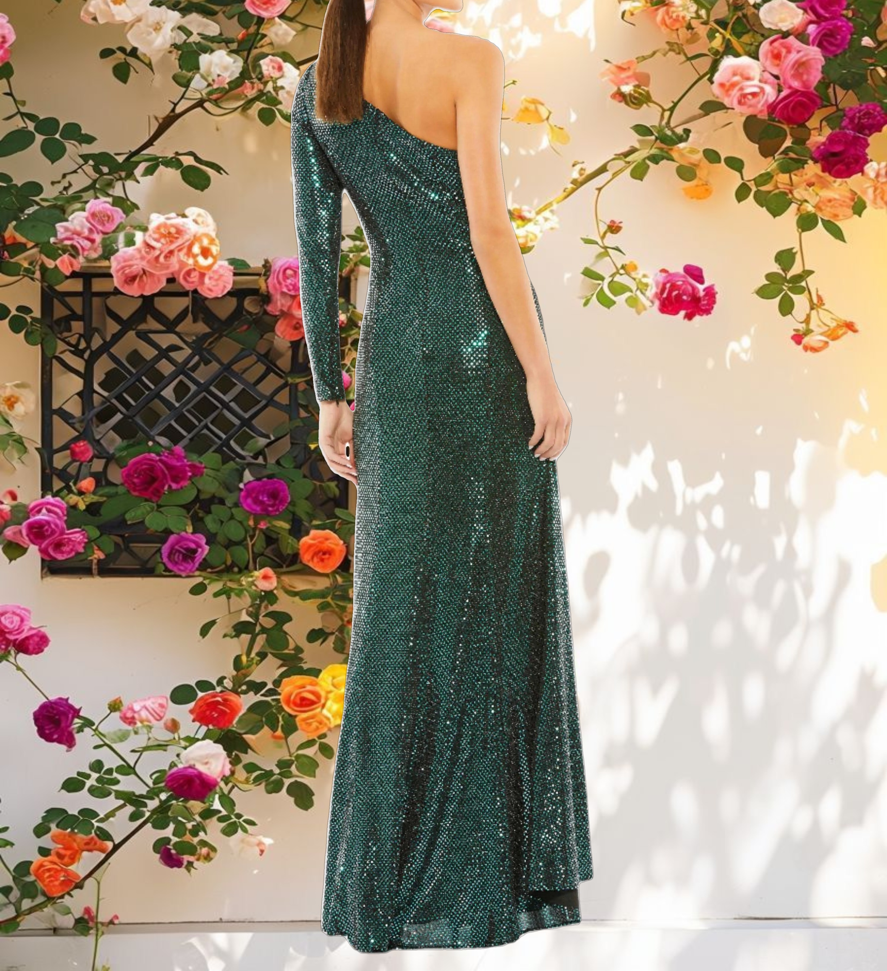 Green One Sleeve Draped Sequin Gown