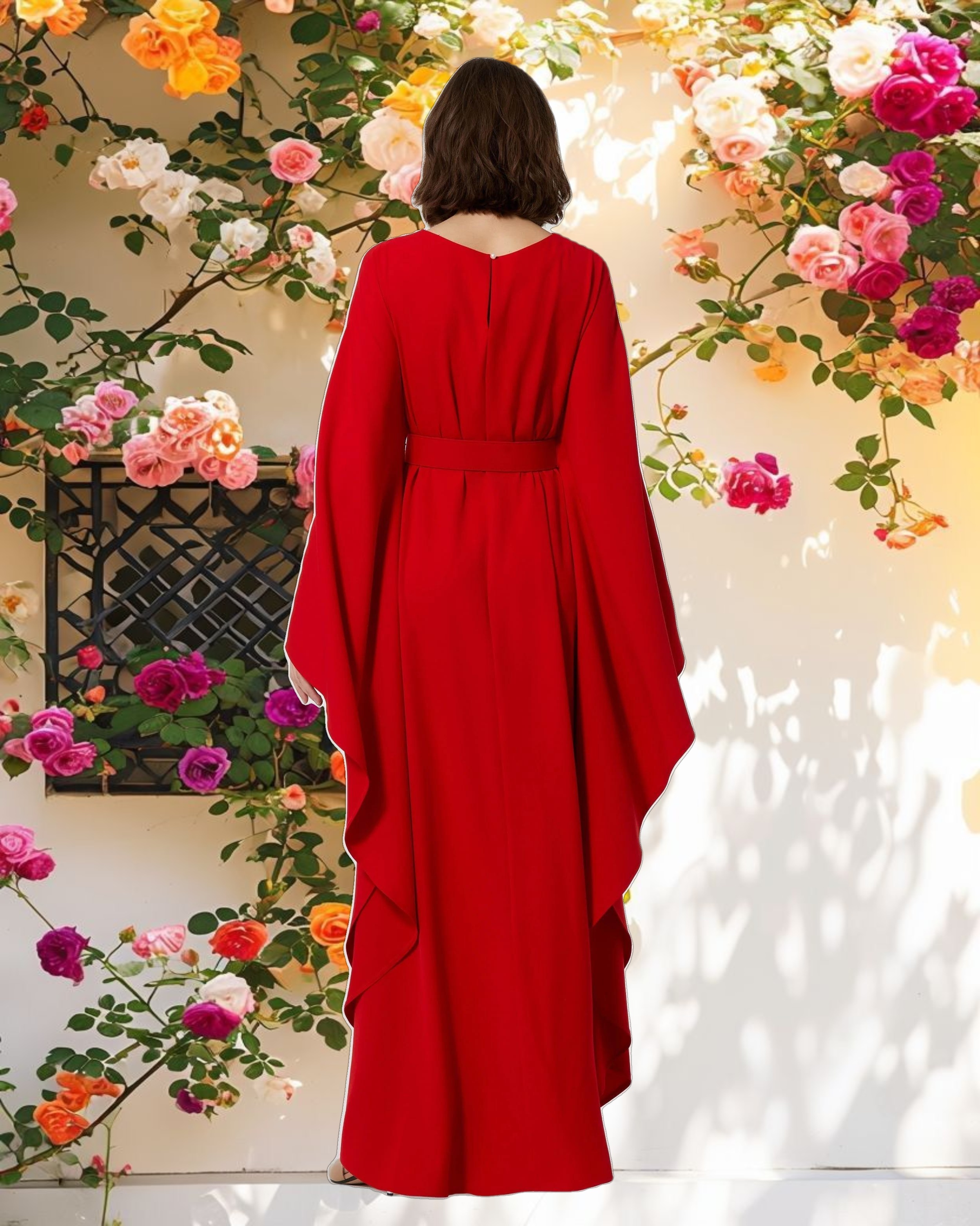 Red Crepe Boat Neck Caftan Maxi Dress With Belt