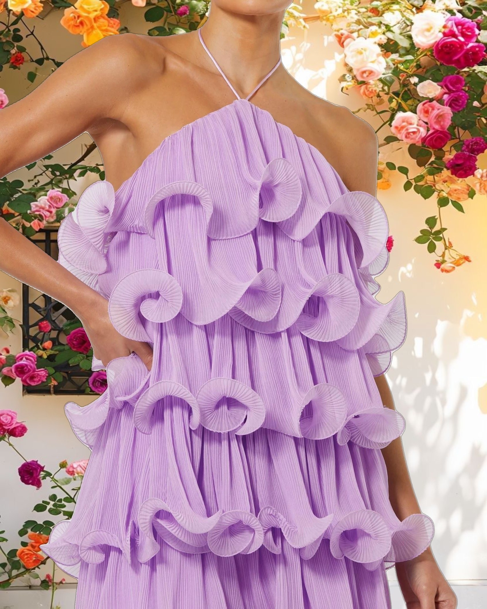 Pink Wavy Tulle Layered Flowy Strapless Mini Dress