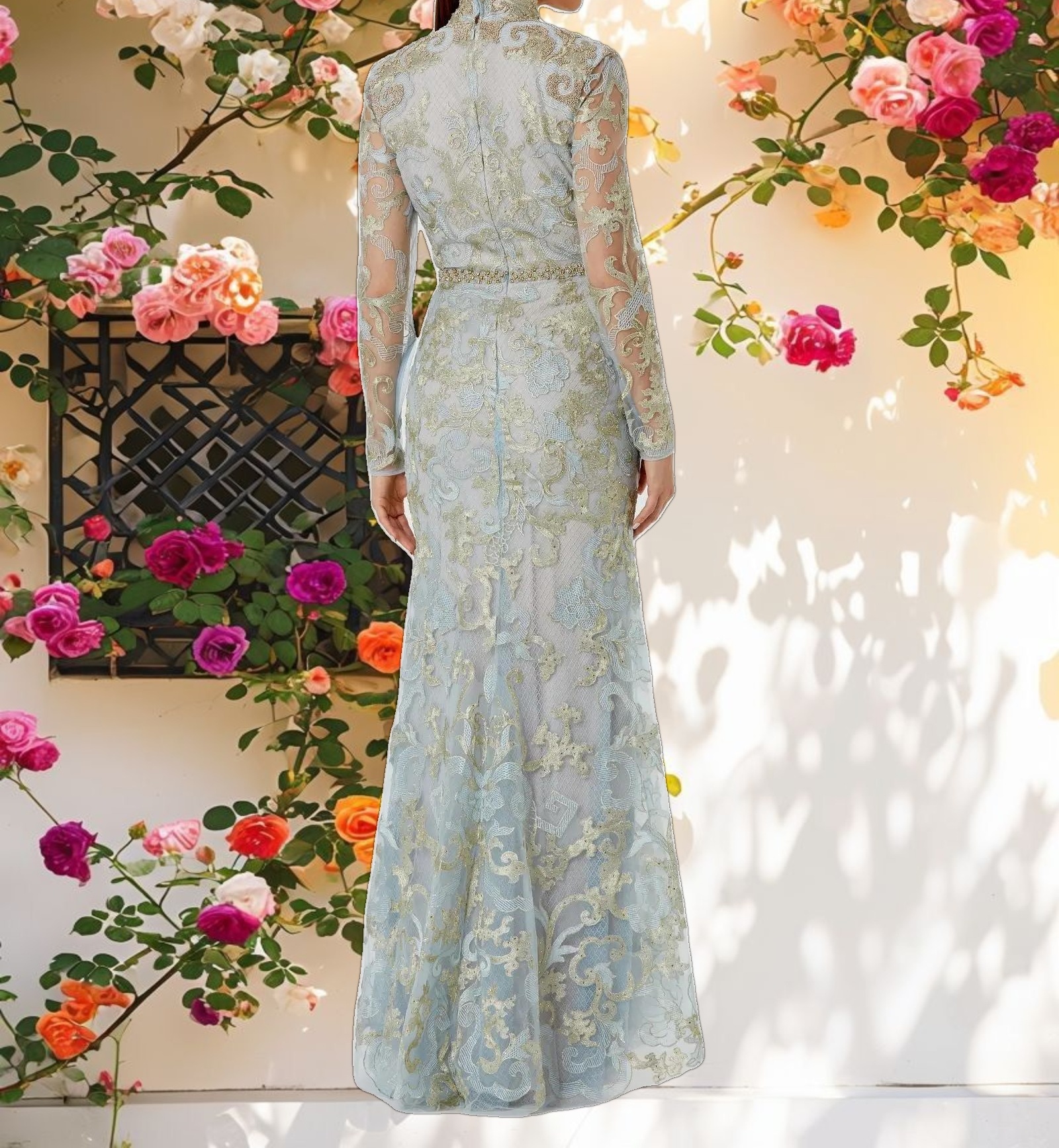 Blue Queen Anne Lace Long Sleeve V Neck Trumpet Gown