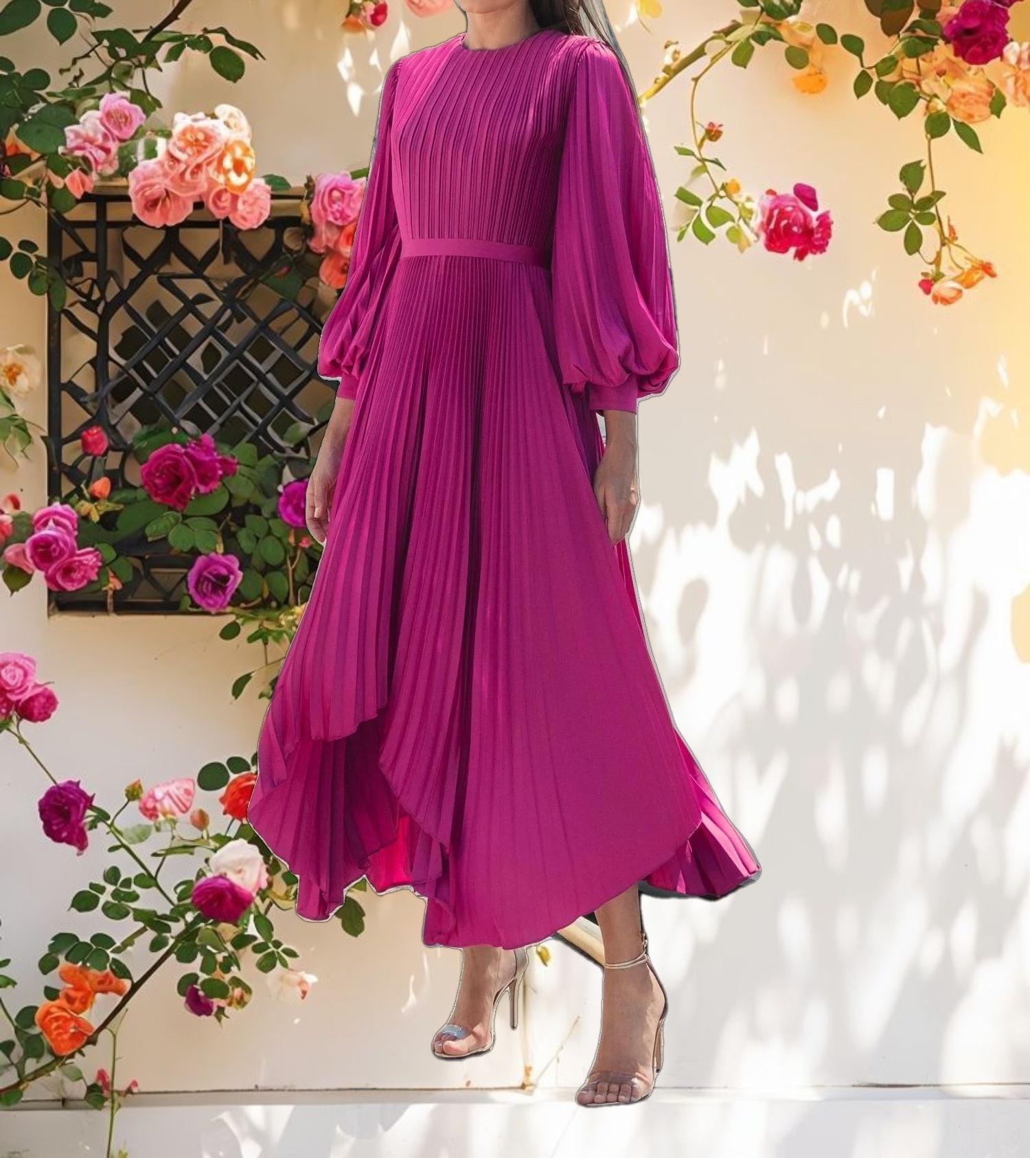 Purple Long Sleeve Pleated Handkerchief Dress