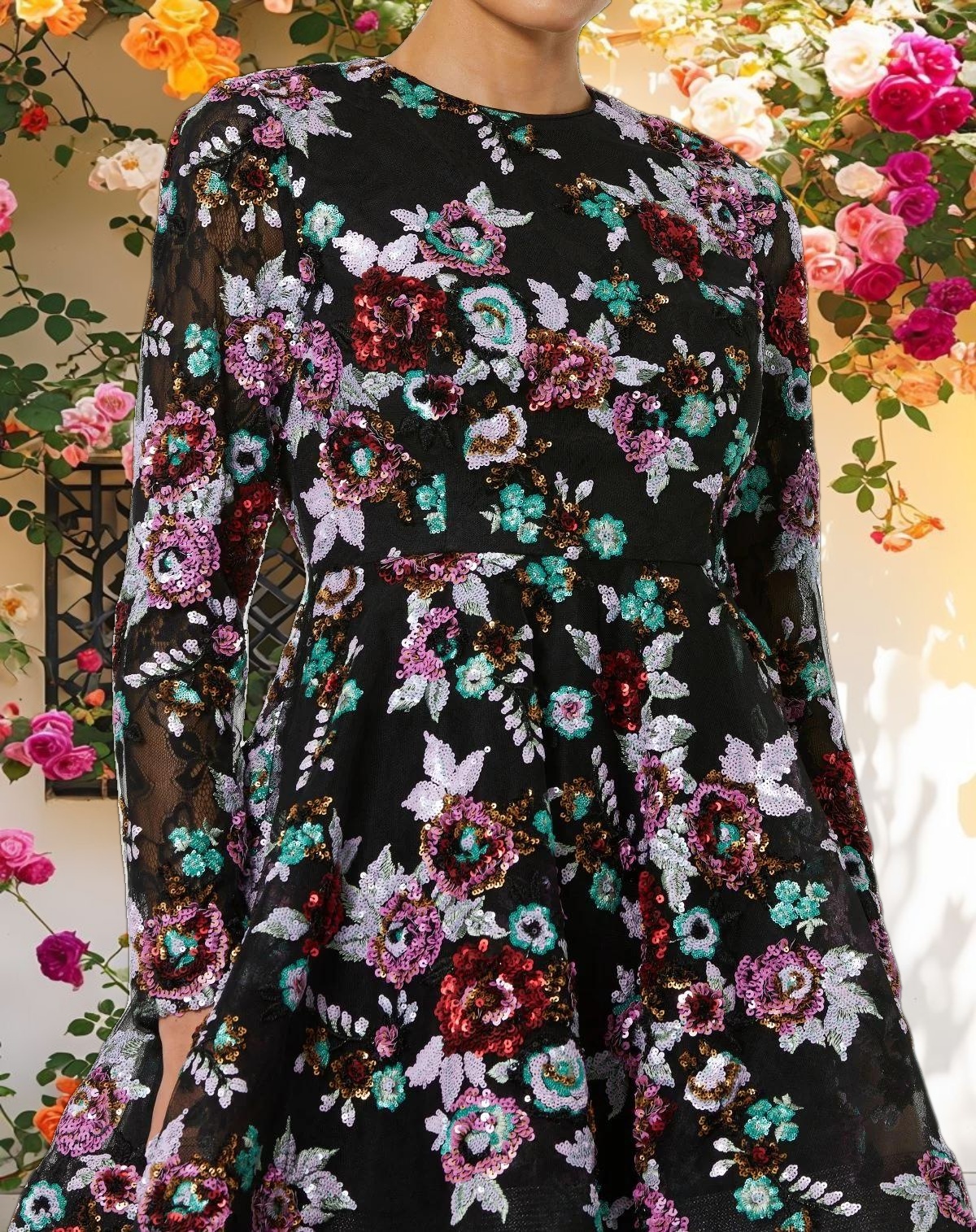 Black High Neck Long Sleeve Sequin A Line Mini Dress