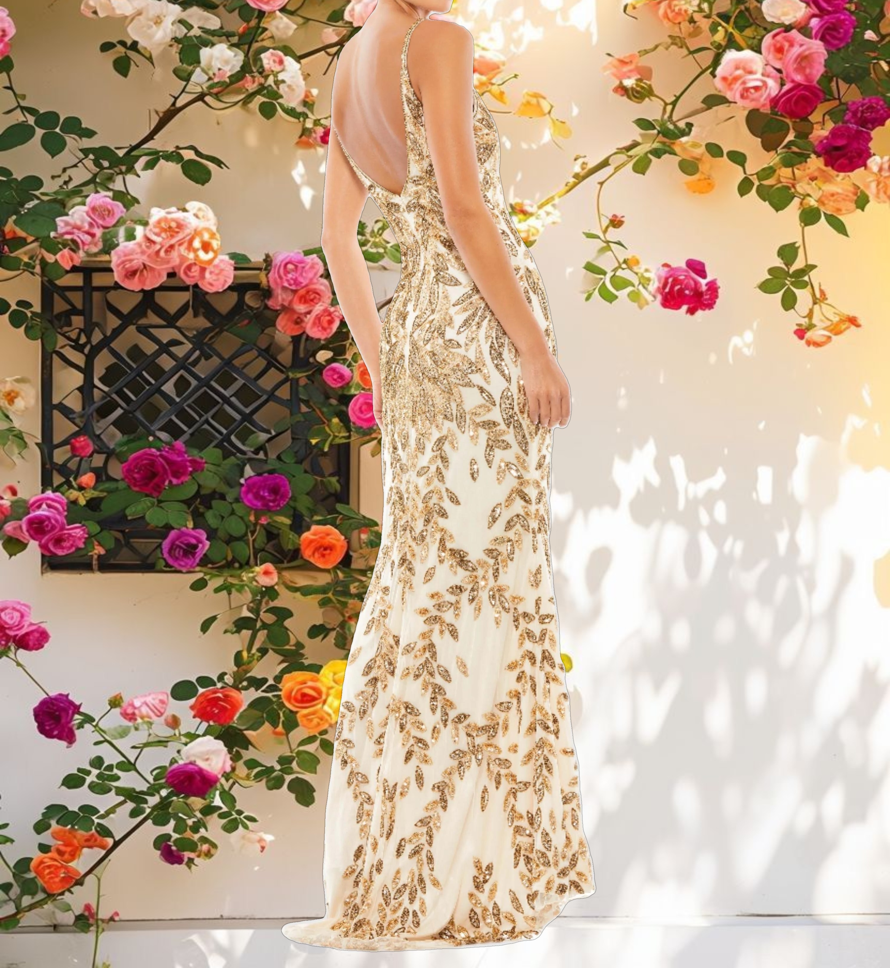 Gold Hand Beaded Leaf Embellished EvenPlunge Neck Evening Gown