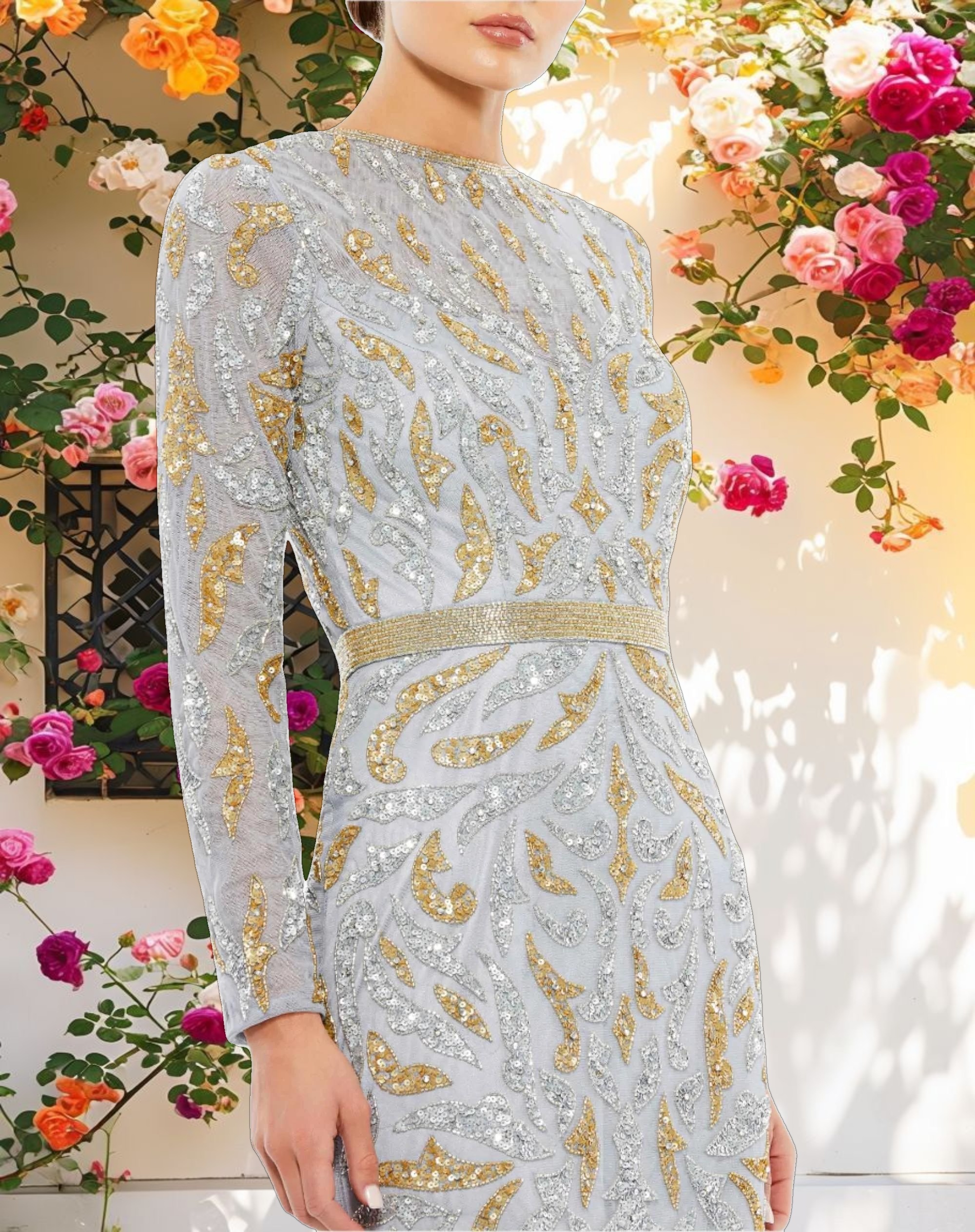 Beaded Long Sleeve Evening Gown