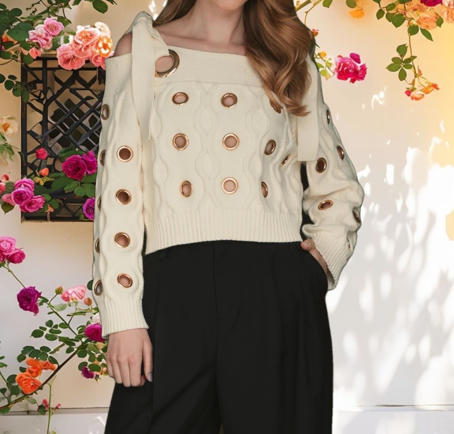 Chunky Knit Off The Shoulder Grommet Cropped Sweater