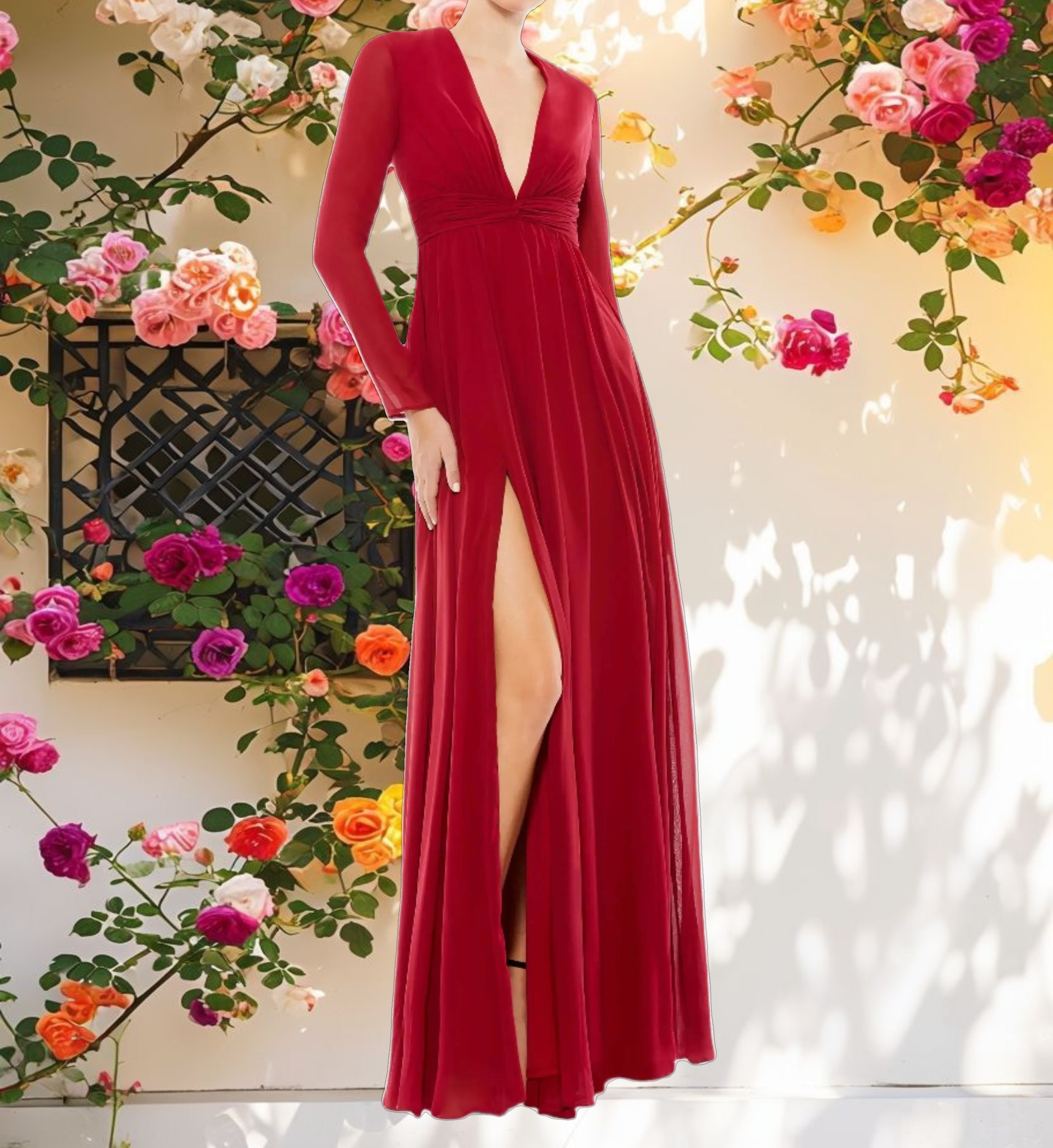 Red V Neck Front Twist Long Sleeve Gown