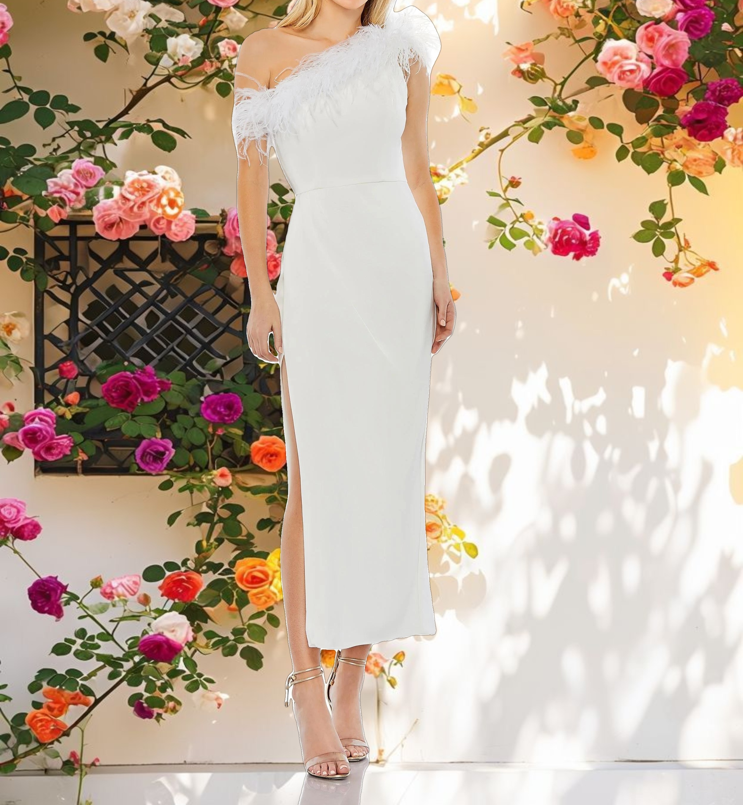 White Feather Trim One Shoulder Draped Dress