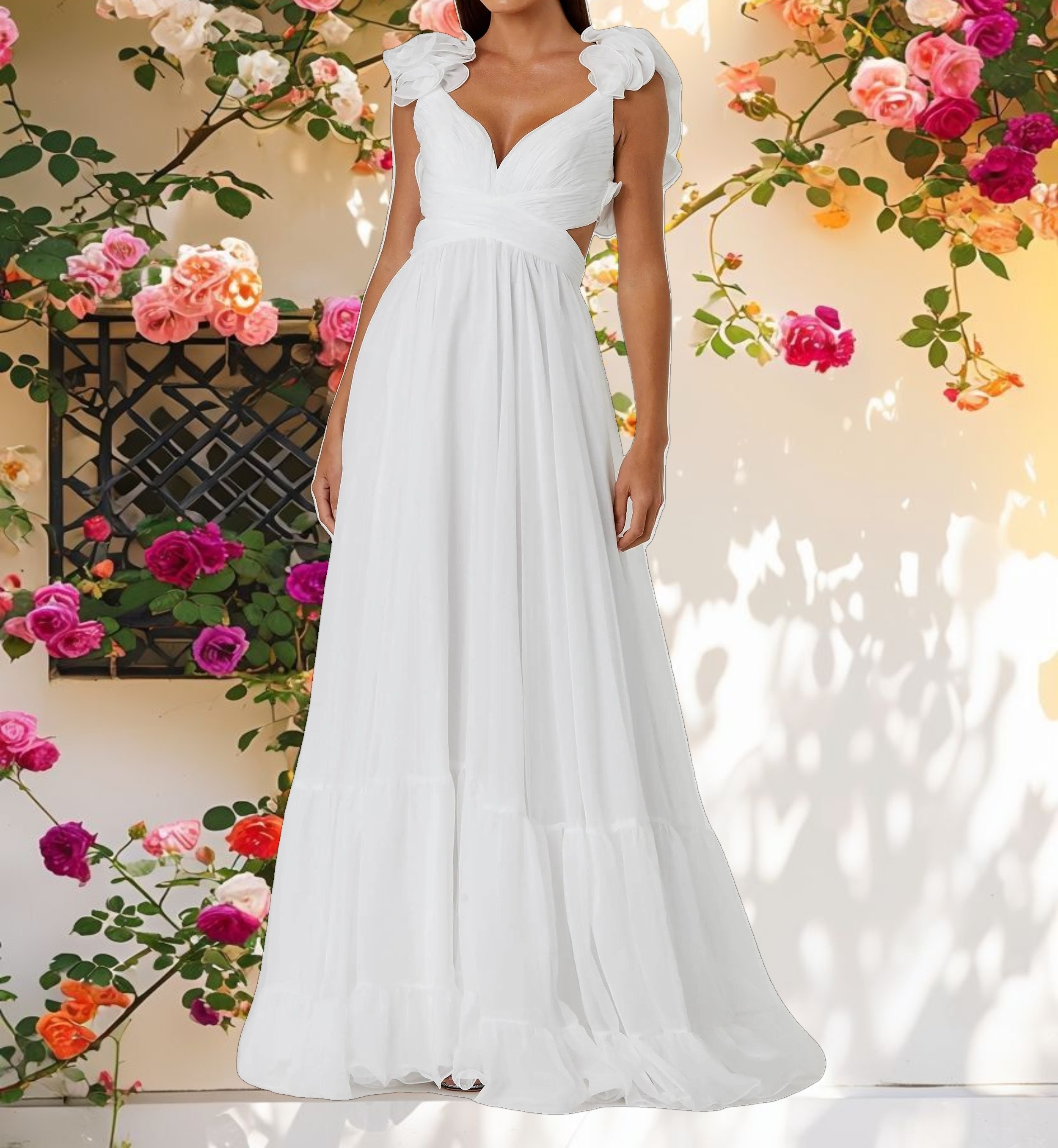 Ruffle Tiered Cut Out Chiffon Gown