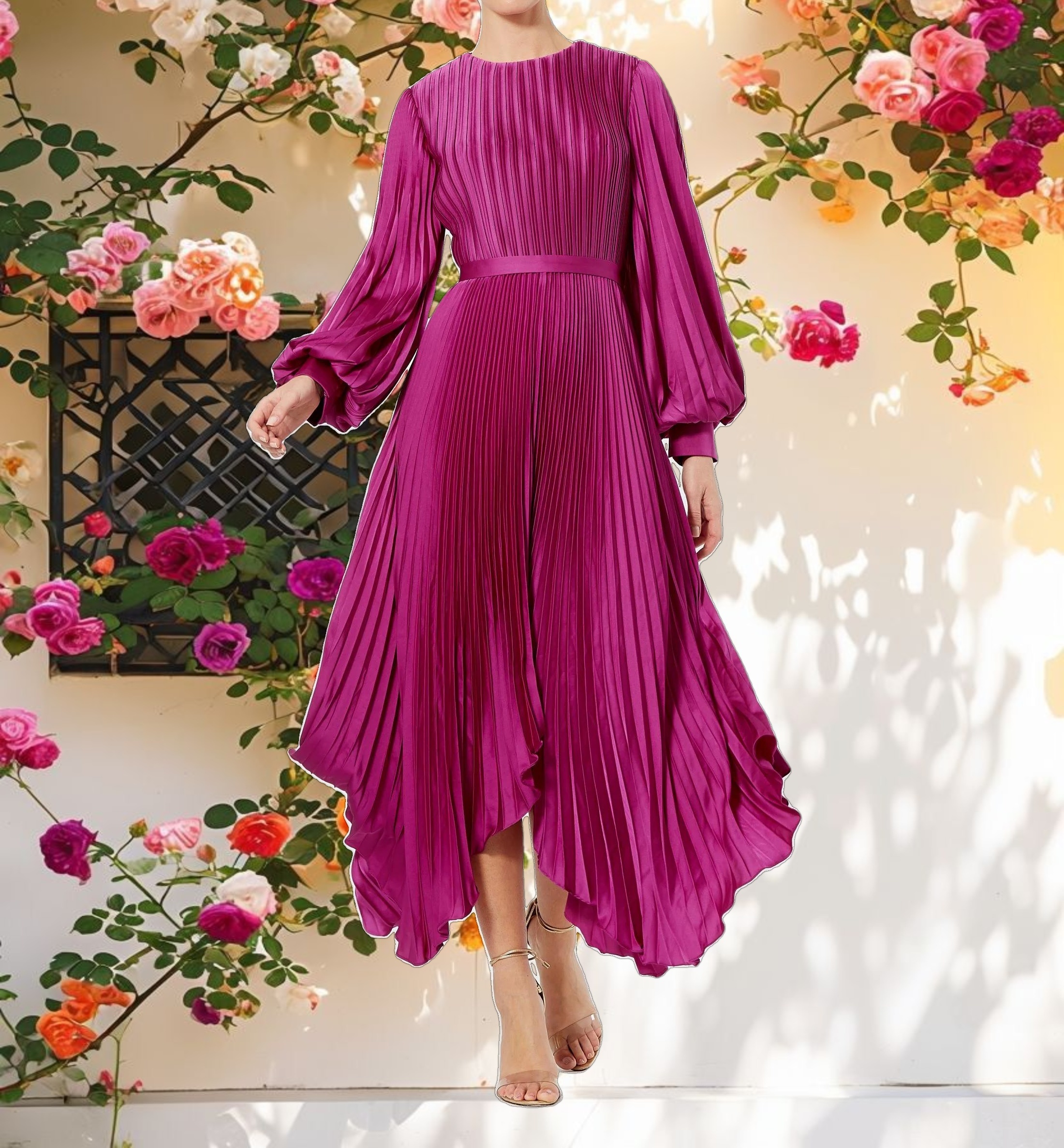 Purple Long Sleeve Pleated Handkerchief Dress