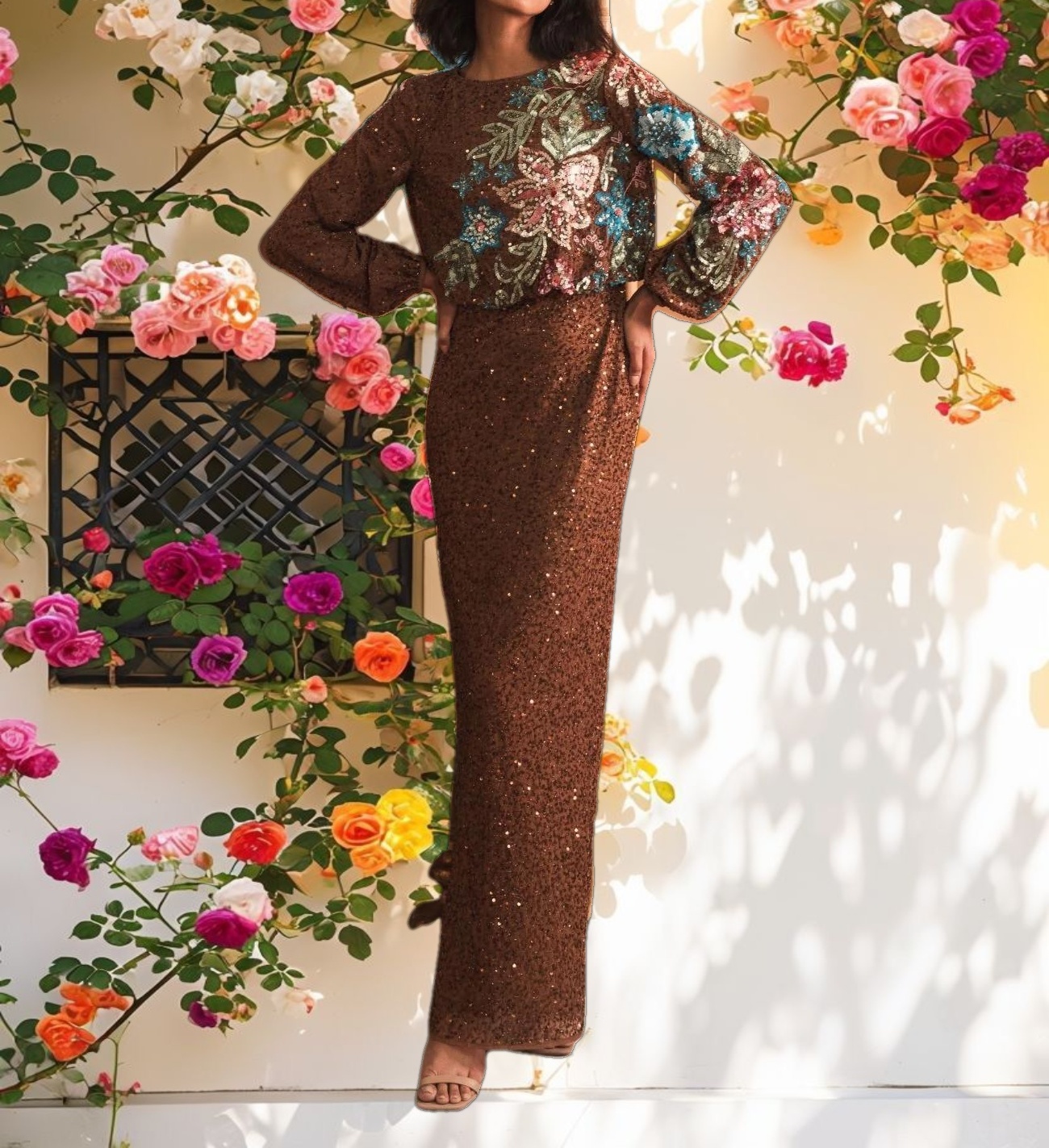 Brown Embellished Floral High Neck Gown