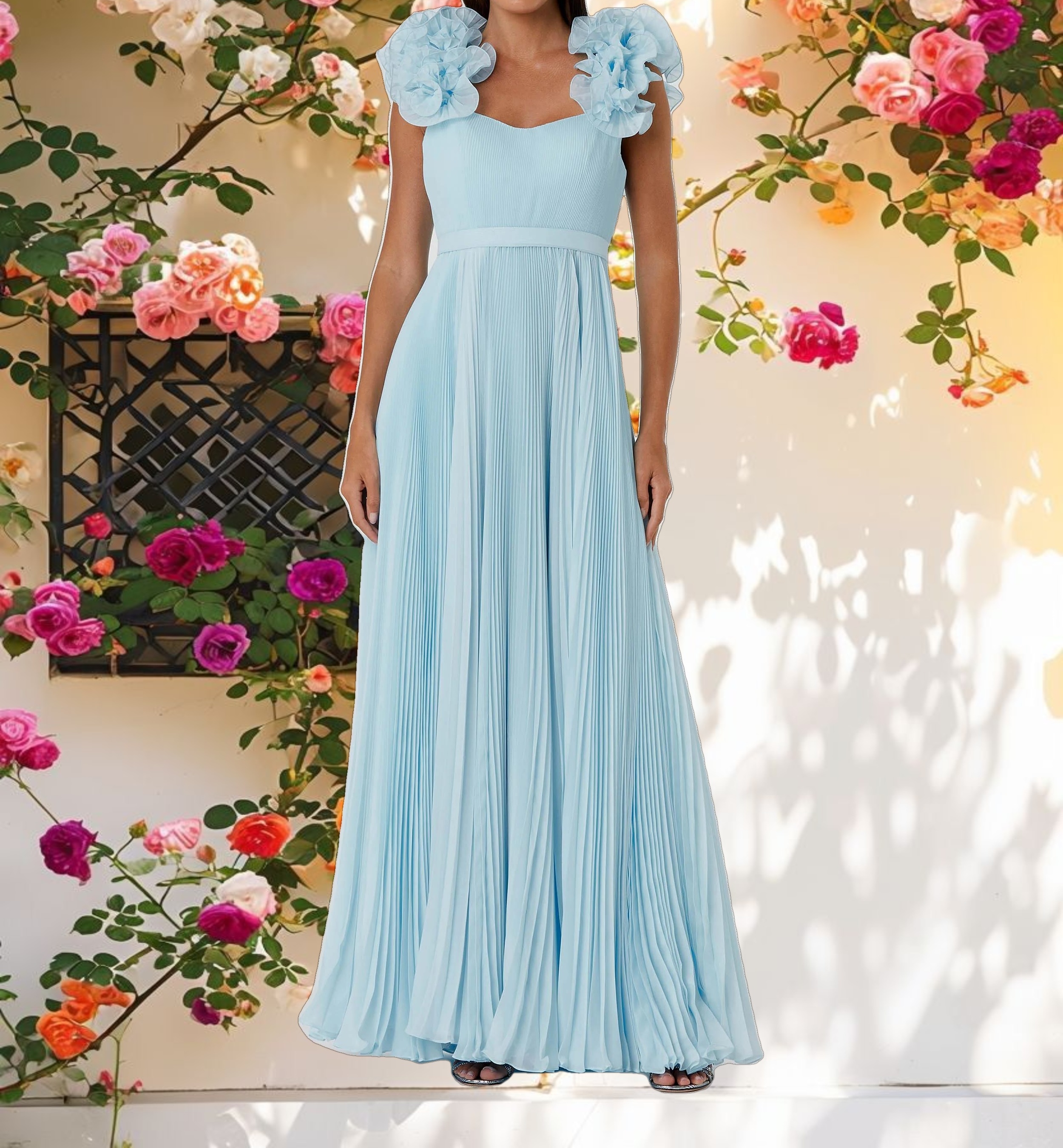 Blue Pleated Organza Gown With Ruffle Straps