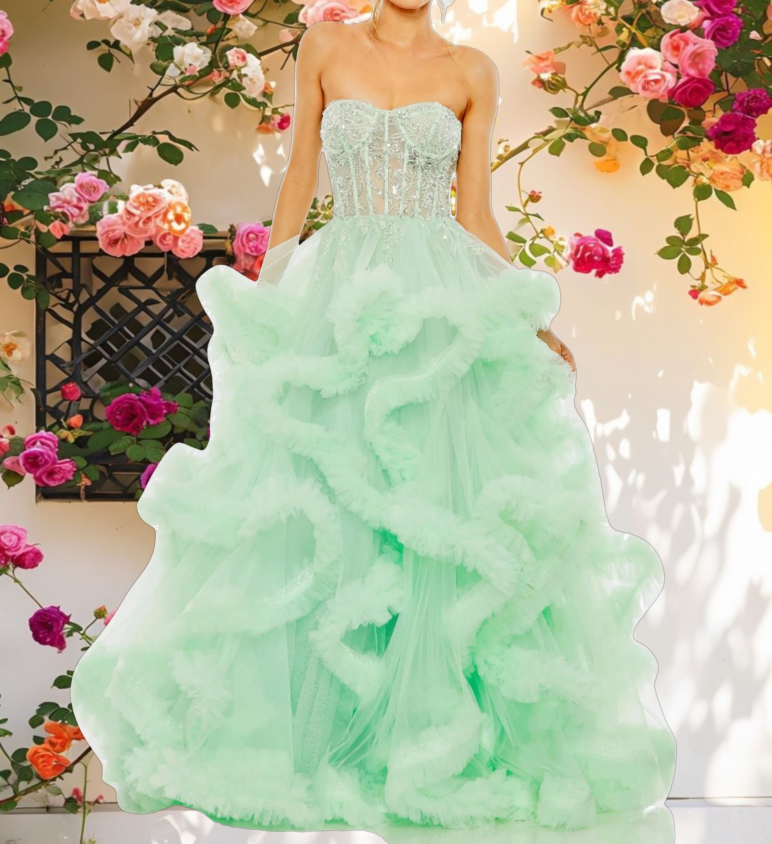 Green Strapless Corset Detail Tulle Layered Ball Gown