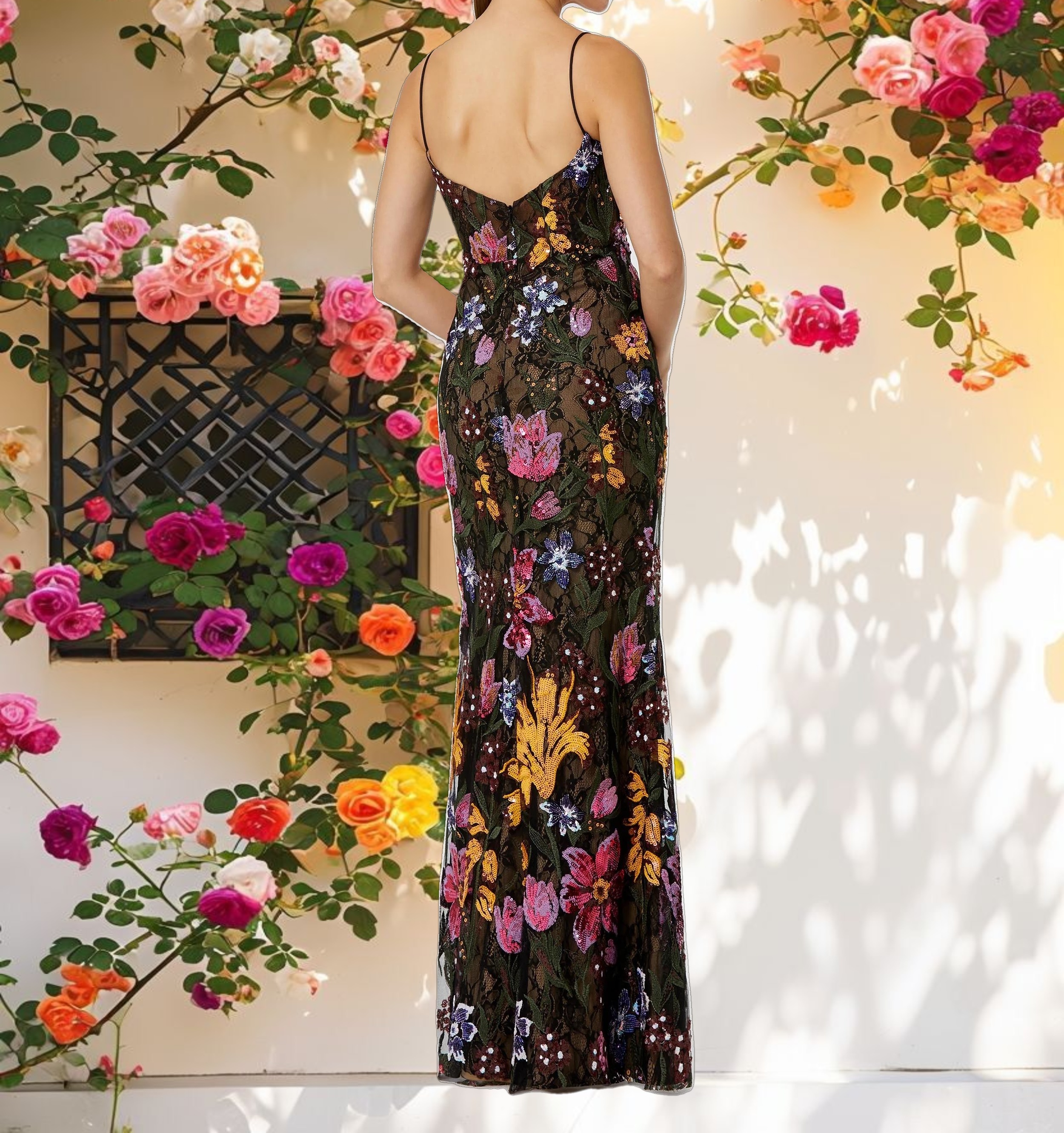 Spaghetti Strap Floral Embroidered Evening Dress